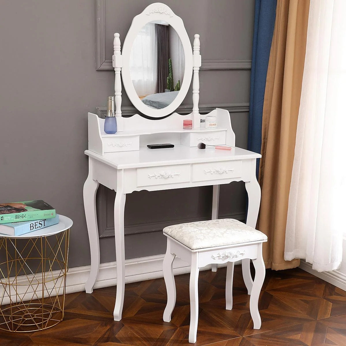 Modern Computer desk with Mirror, Vanity Table Elegance White Dressing Table and Stool Set Wood Makeup Desk with 4 Drawers & Mirror