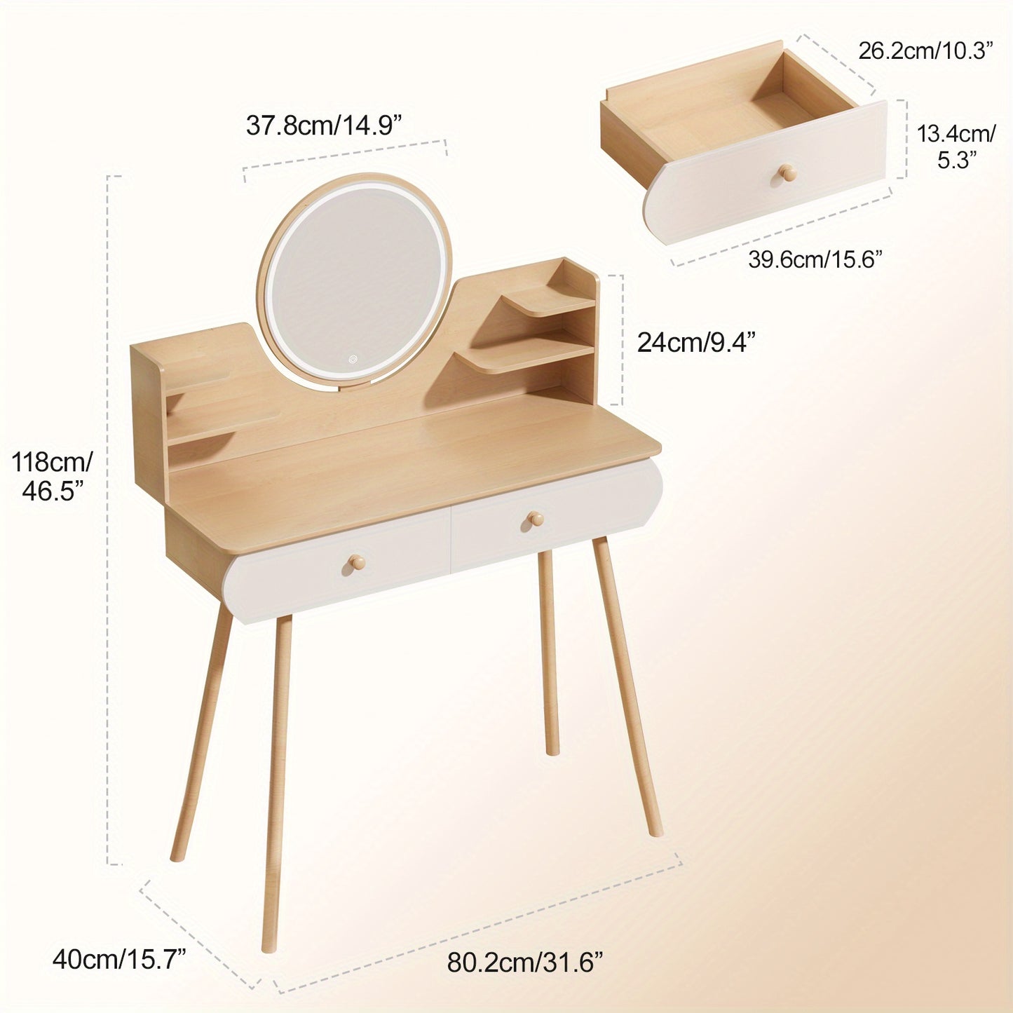 Nordic Storage Table 2 Drawers Nordic Style Storage Table with Mirror, 1 x Open Storage Shelves, Spacious Desktop
