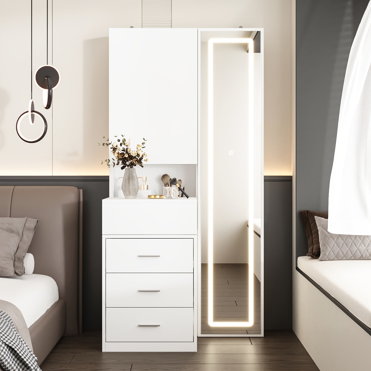 Modern Dressing Table With Drawers And Storage Shelves, Bedroom Makeup Vanity Set With Illuminated Full Body Mirror And Sliding Storage Compartment, Large Storage Space, Fashionable Design, White