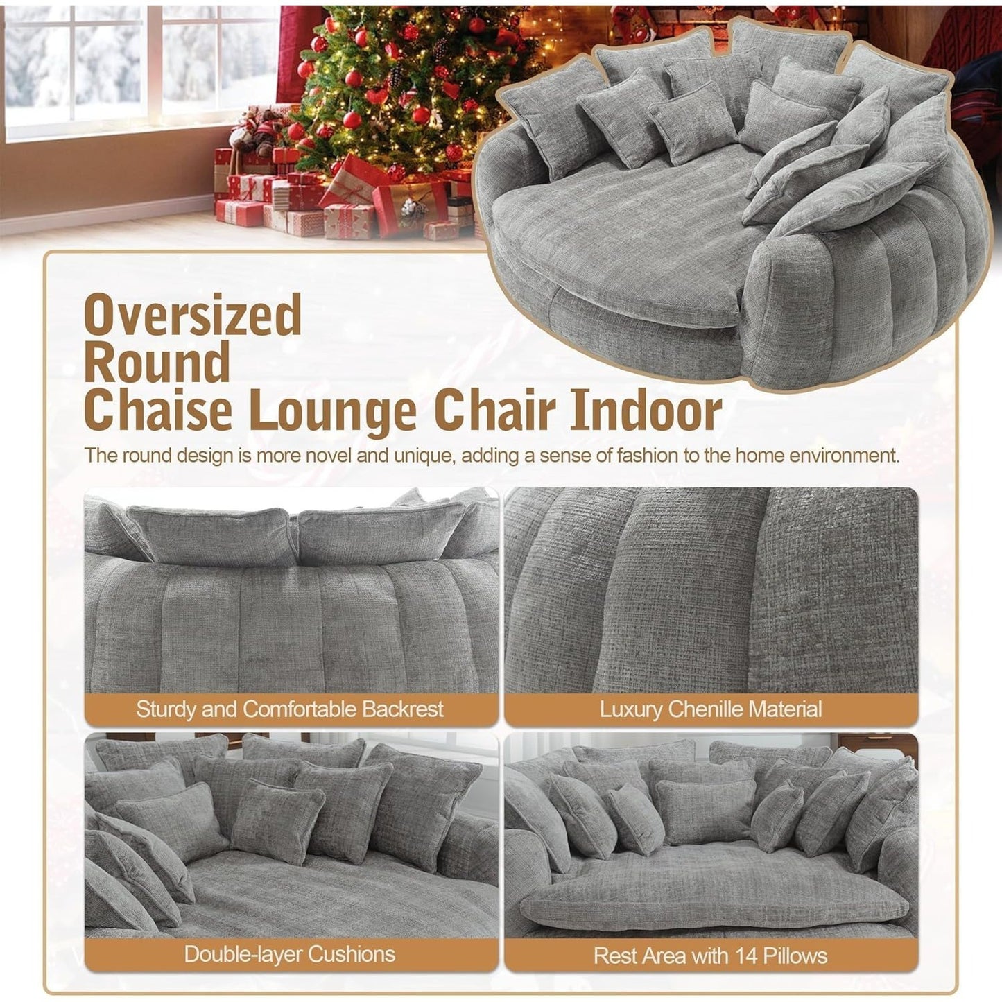 82'' Oversized Upholstered Sofa Bed, Round Chaise Lounge Chair Indoor, Modern Chenille Boneless Couch, No Assembly Required, Plush Sleeper Chair with 14 Pillows for Living Room