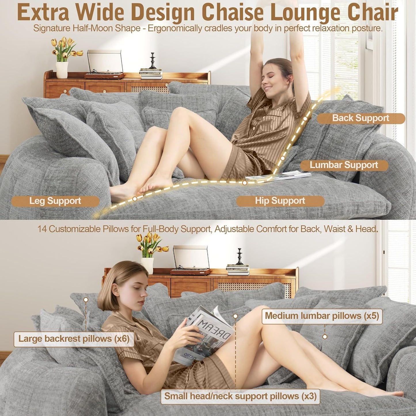 82'' Oversized Upholstered Sofa Bed, Round Chaise Lounge Chair Indoor, Modern Chenille Boneless Couch, No Assembly Required, Plush Sleeper Chair with 14 Pillows for Living Room