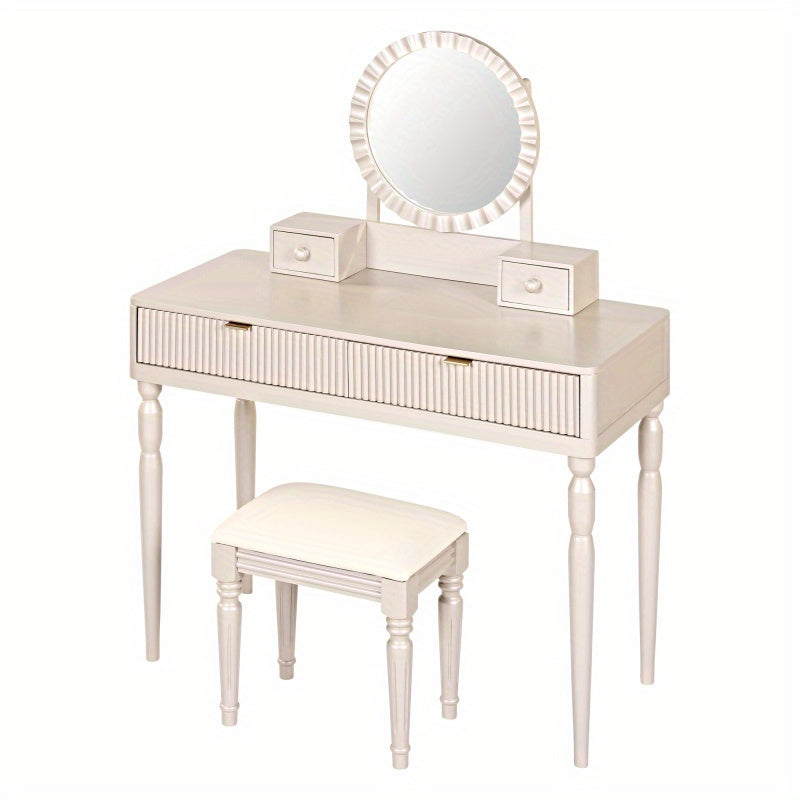 Luxury Vanity Desk with Round Mirror HeightAdjustable Stylish Dring Table Set 4 Drawers and Stool Champagne