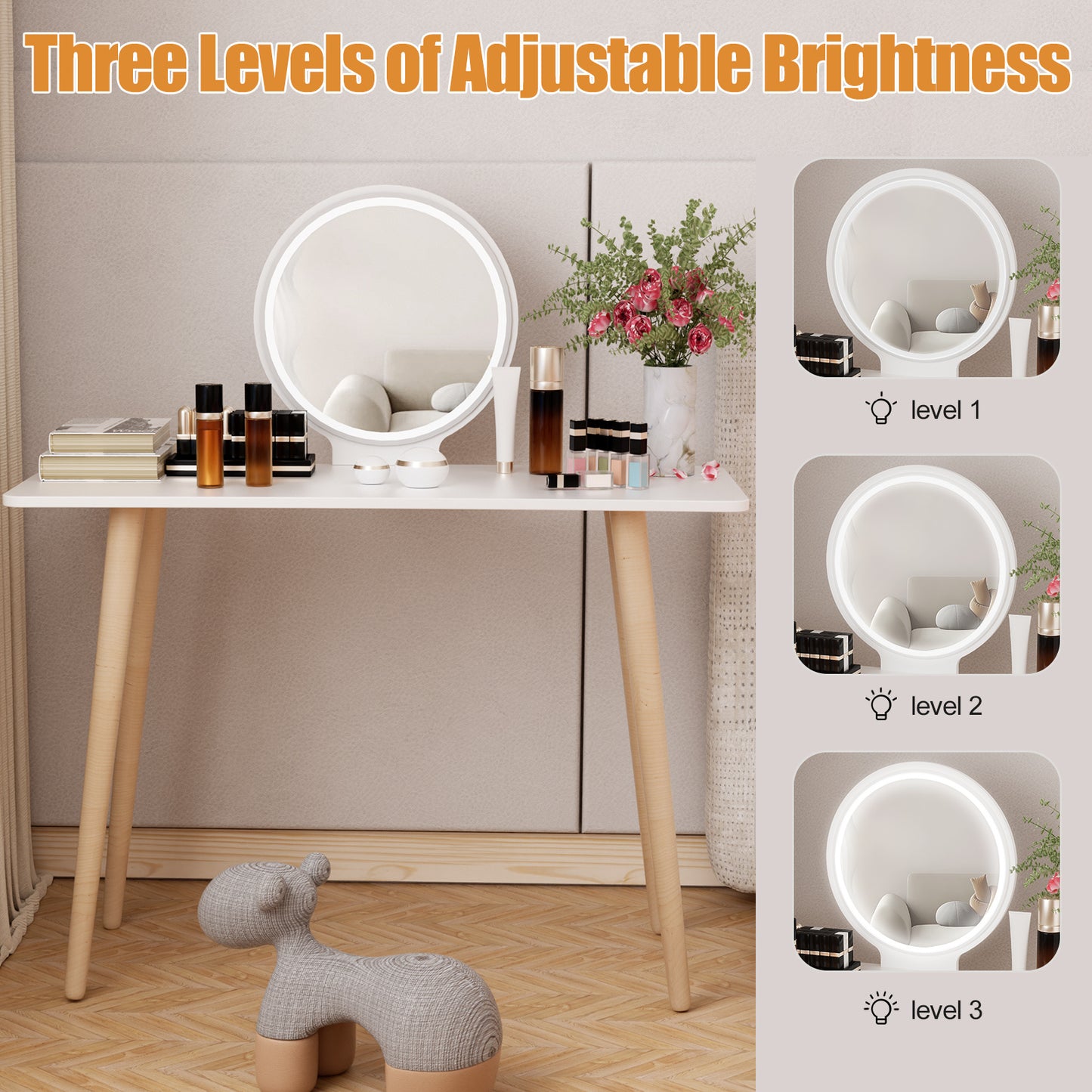 1pc Nordic Style Dressing Table with Large Mirror, Spacious Desktop, Solid Wood Legs, Elegant Bedroom Vanity Furniture