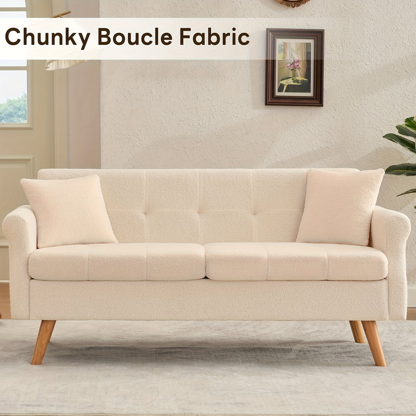 Loveseat Sofa, Boucle Small Sofa For Living Room, Bedroom, Office, Couch For Living Room Button Tufted Upholstered Furniture, Space-Saving, Easy To Install, Chunky Boucle Fabric
