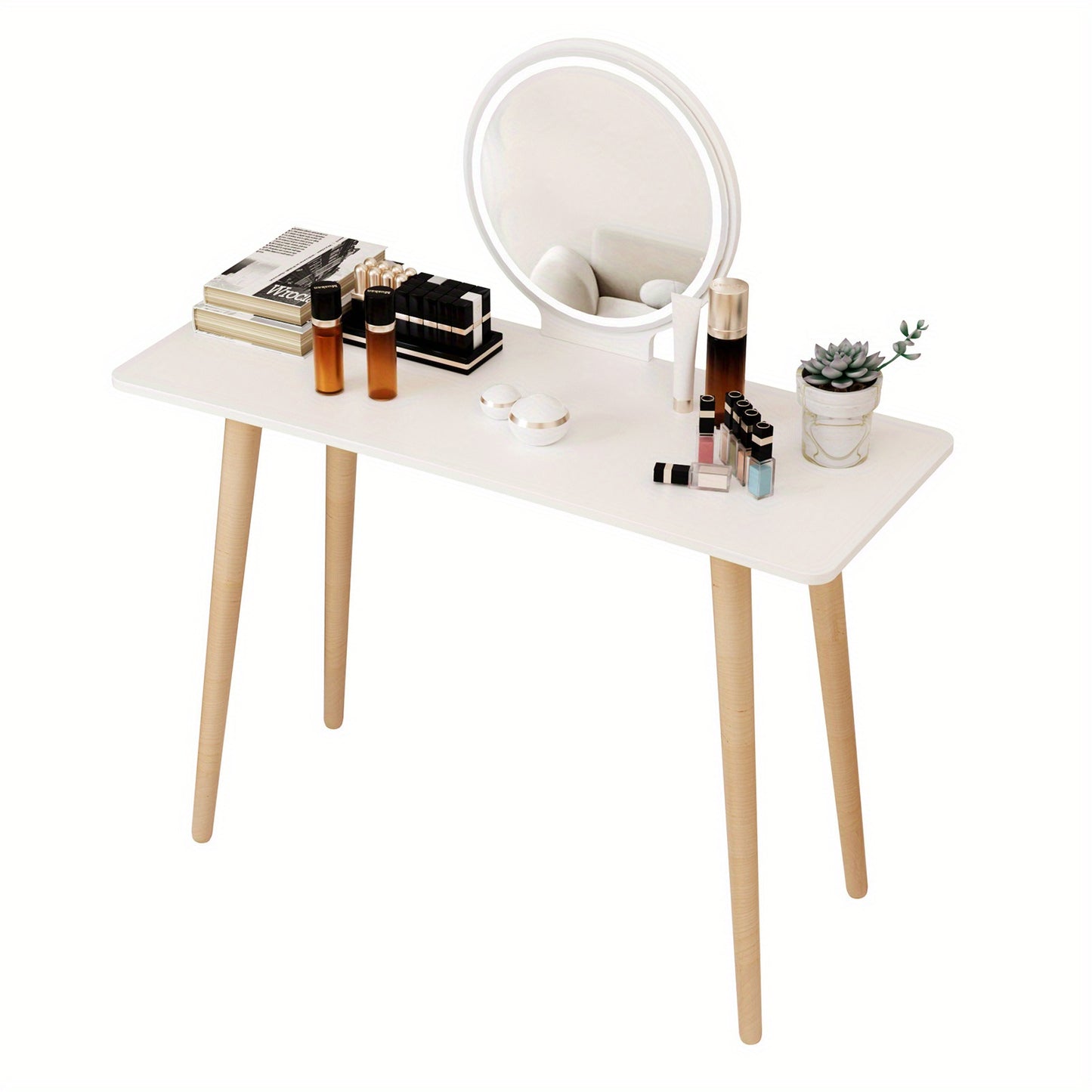 1pc Nordic Style Dressing Table with Large Mirror, Spacious Desktop, Solid Wood Legs, Elegant Bedroom Vanity Furniture
