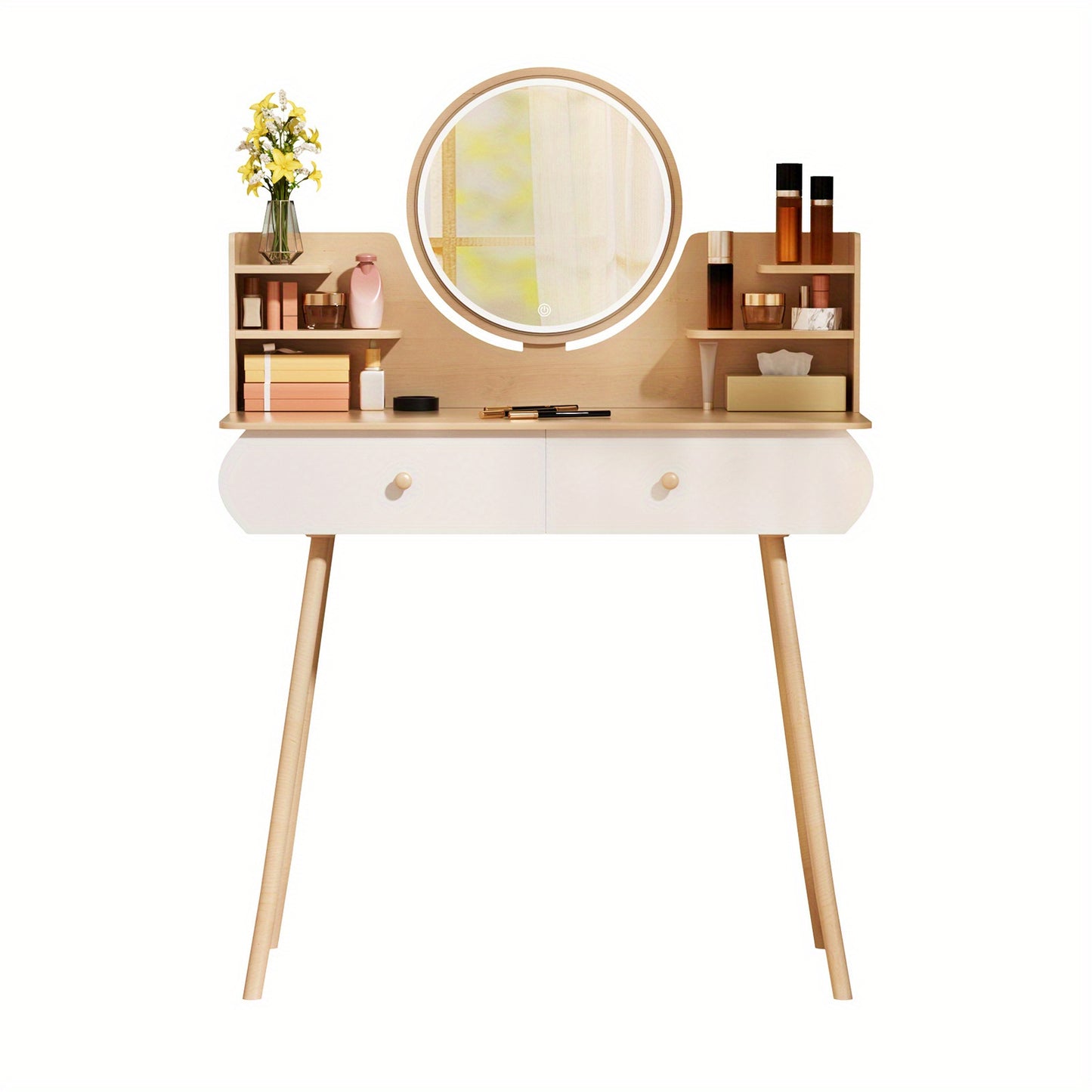 Nordic Storage Table 2 Drawers Nordic Style Storage Table with Mirror, 1 x Open Storage Shelves, Spacious Desktop