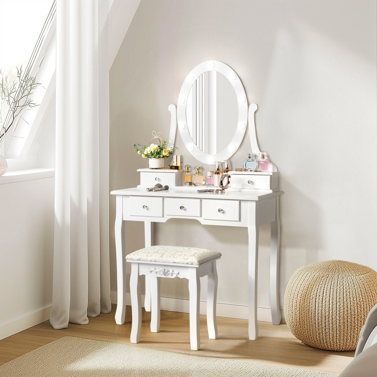 Chic White Vanity Set with 5 Drawers, Cushioned Stool & Storage - European Style Hardwood Dressing Table for Bedroom, Includes Mirror - Perfect Christmas Gift