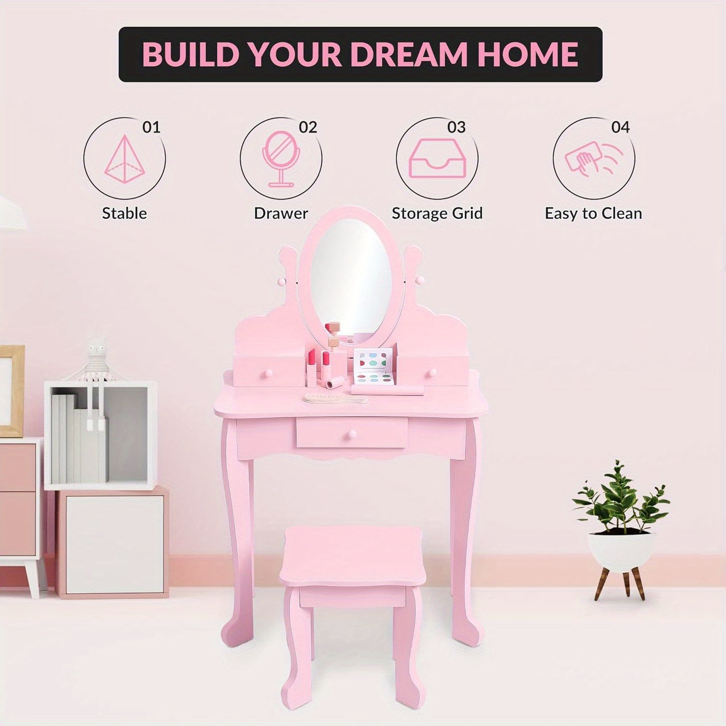 Girls Vanity Set Adjustable Angle Mirror Vanity Set | Pretend Play Girls Vanity Table and Chair Set with Mirror, Stool, and Wood Makeup Playset