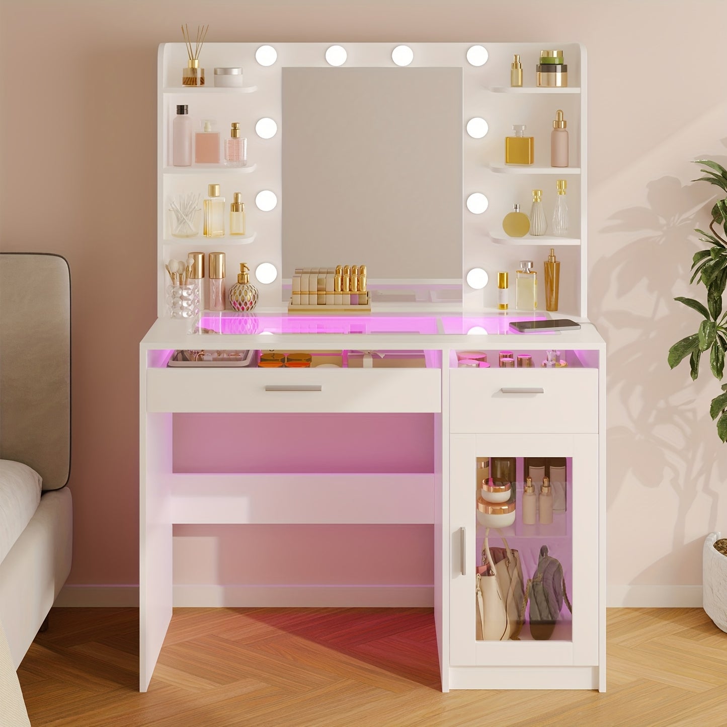 SUPERLELE Vanity Desk with Lights, Makeup Vanity with Mirror, Power Strip And 10 Lights, Makeup Table with 2 Drawers, Vanity Mirror 3 Lighting Color Adjustable, Heavy Duty Dresser, White, for Halloween And Christmas