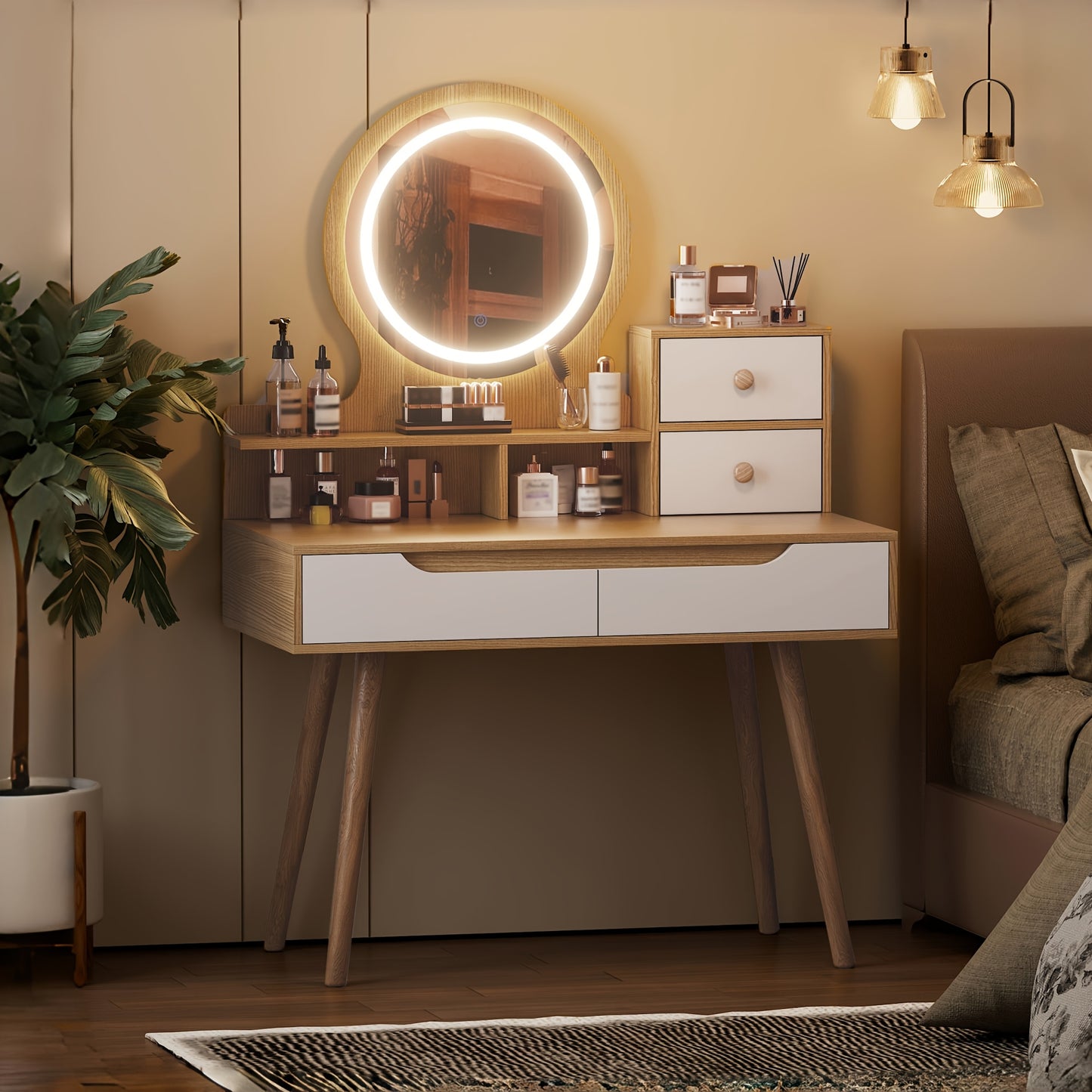 Makeup Vanity Desk With 3 Adjustable Lighted Mirror, Dressing Table Set With 4 Drawers And 3 Open Shelves For Small Space Bedroom
