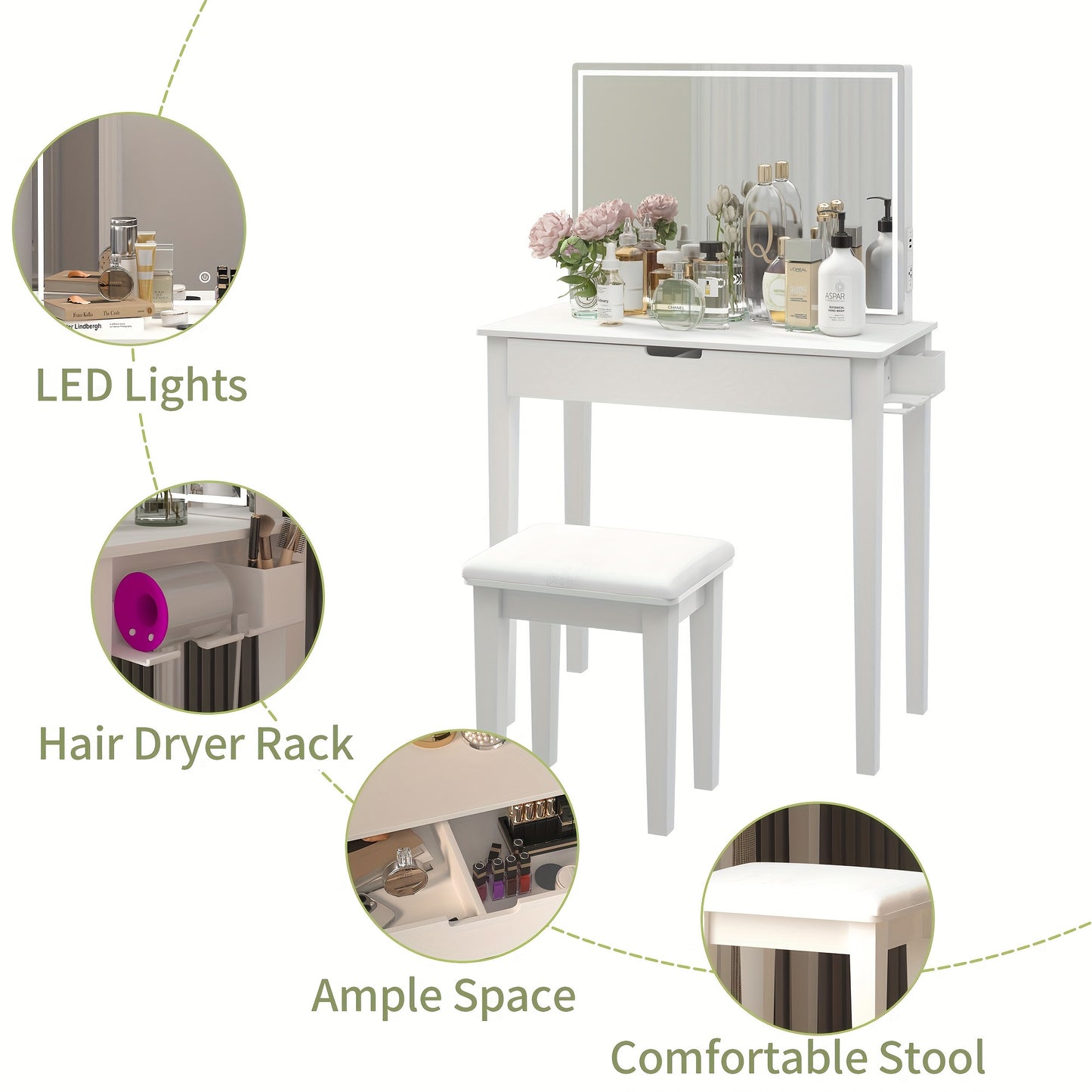 1pc Contemporary White Wooden Vanity Desk Set with Dimmable LED Mirror, 1 Drawer Storage, and Stool - Freestanding Makeup Dressing Table for Bedroom, US Plug, 110V-240V