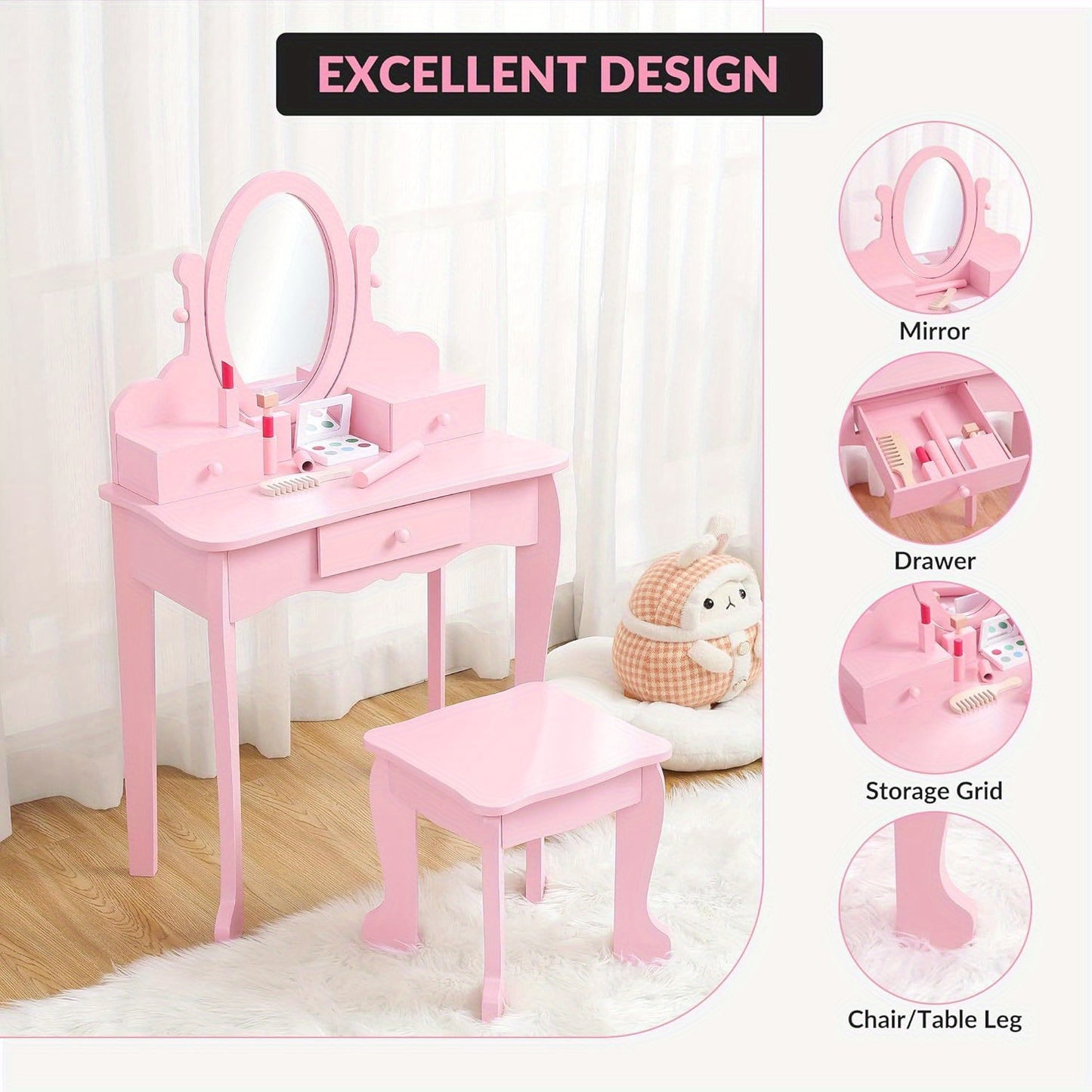 Girls Vanity Set Adjustable Angle Mirror Vanity Set | Pretend Play Girls Vanity Table and Chair Set with Mirror, Stool, and Wood Makeup Playset