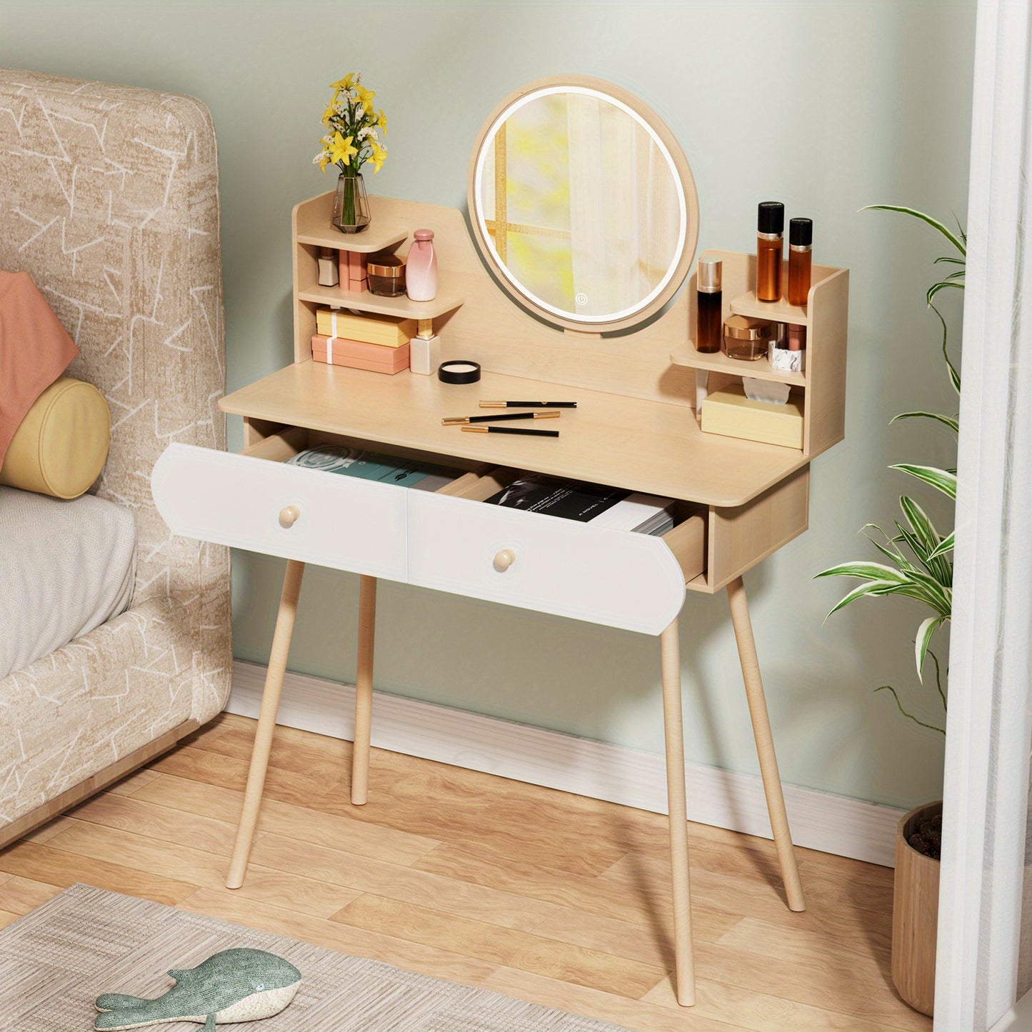 Nordic Storage Table 2 Drawers Nordic Style Storage Table with Mirror, 1 x Open Storage Shelves, Spacious Desktop