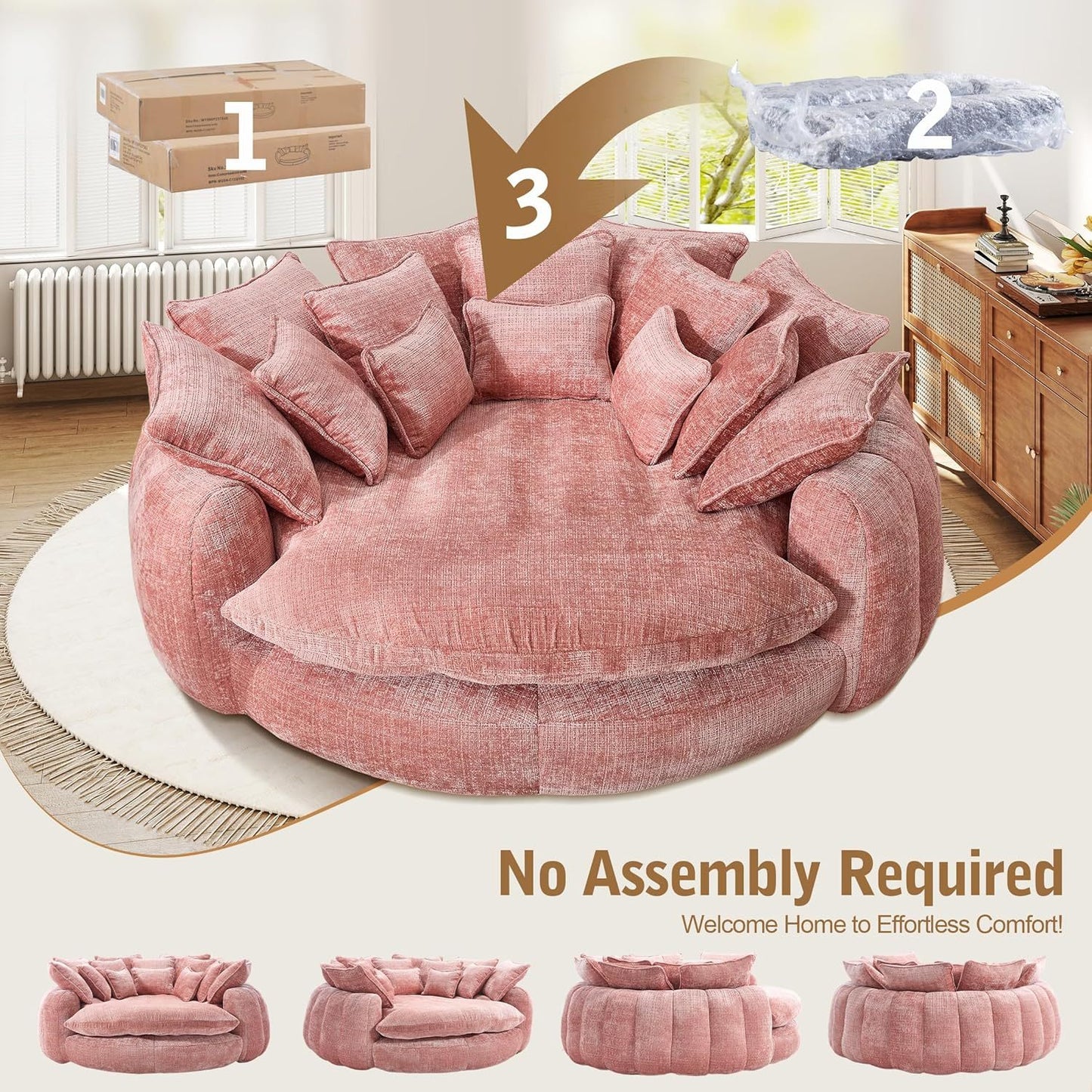 82'' Oversized Upholstered Sofa Bed, Round Chaise Lounge Chair Indoor, Modern Chenille Boneless Couch, No Assembly Required, Plush Sleeper Chair with 14 Pillows for Living Room