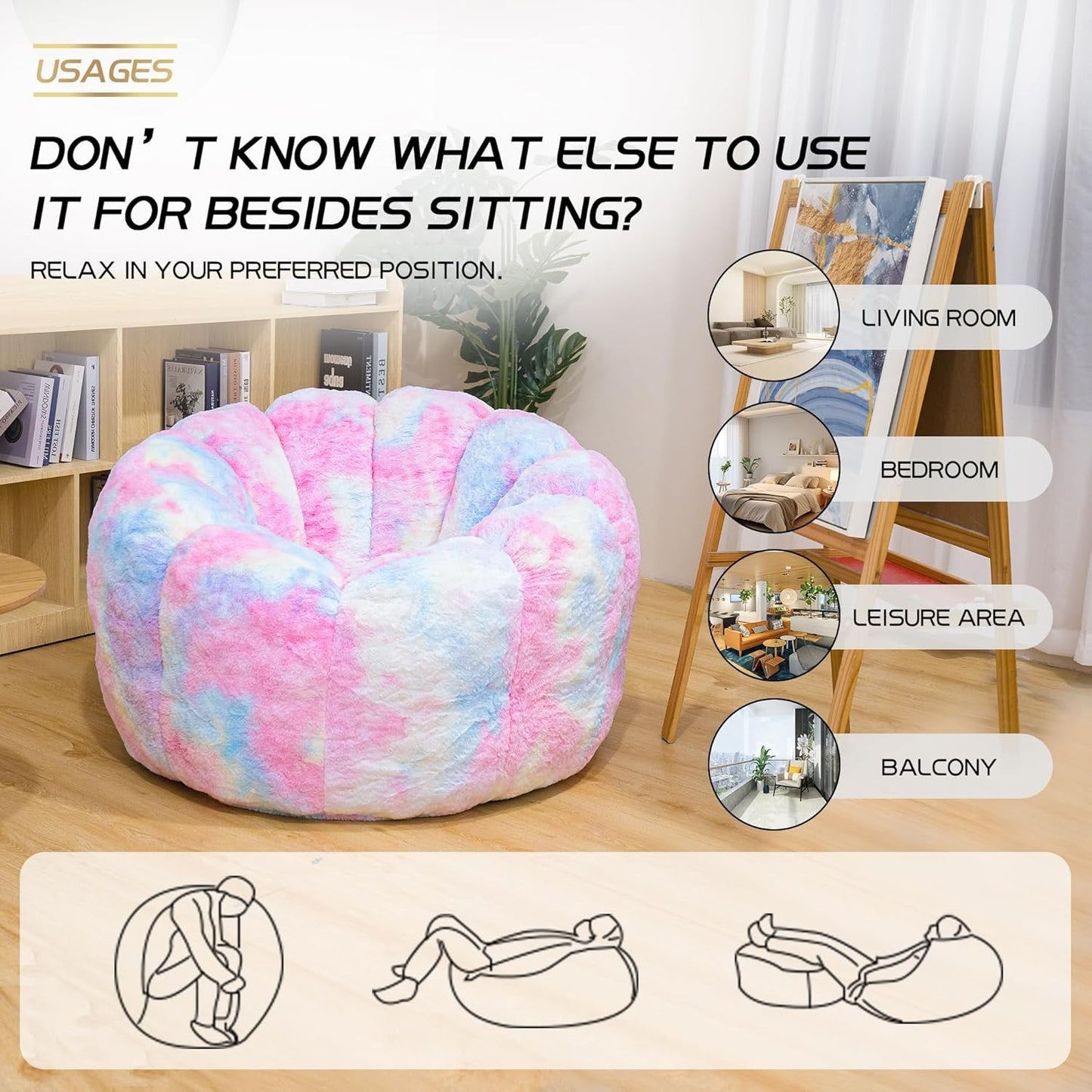 Bean Bag Chair, Faux Fur Bean Bag Chairs with Filler, Comfy Cozy Bean Bag Chair with Low Back Support and Petal Armrest, Fluffy Bean Bag Chair with Structure Petal for Small Space, Bedroom, Living Room