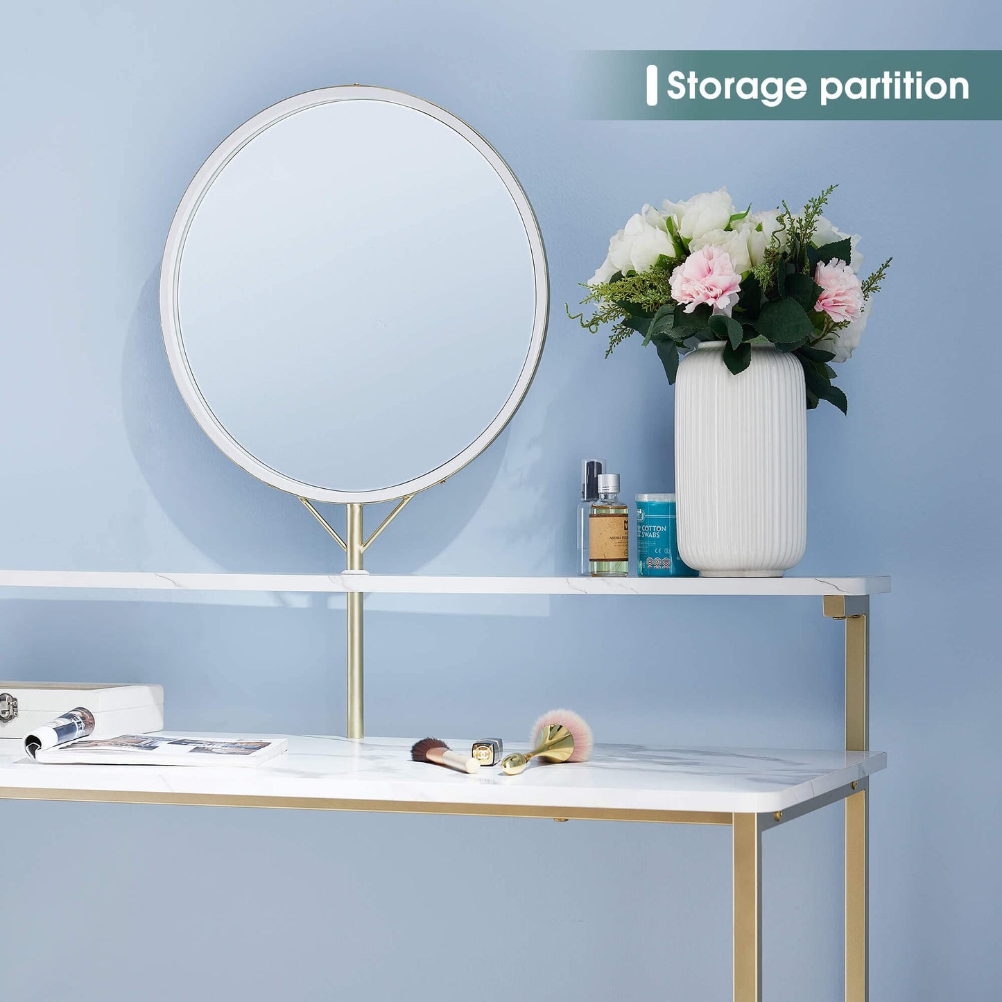 MCombo Vanity Desk with Mirror, White Makeup Vanity Desk with 2 Open Storage Shelves for Bedroom, Living Room