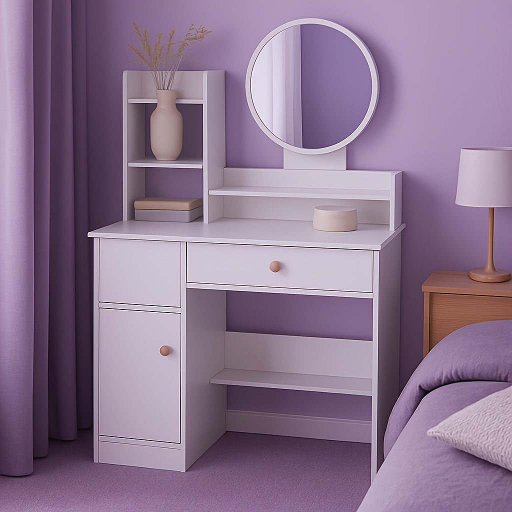 Summer Green Plant Room Multi-Functional Dressing Table, with Drawers, with Mirror, with Stool, Multiple Storage Spaces, Room Decoration Props, Shooting Props, Can Used As a Dressing Table, Desk Or Sideboard, Suitable for Small Bedrooms, Guest Rooms