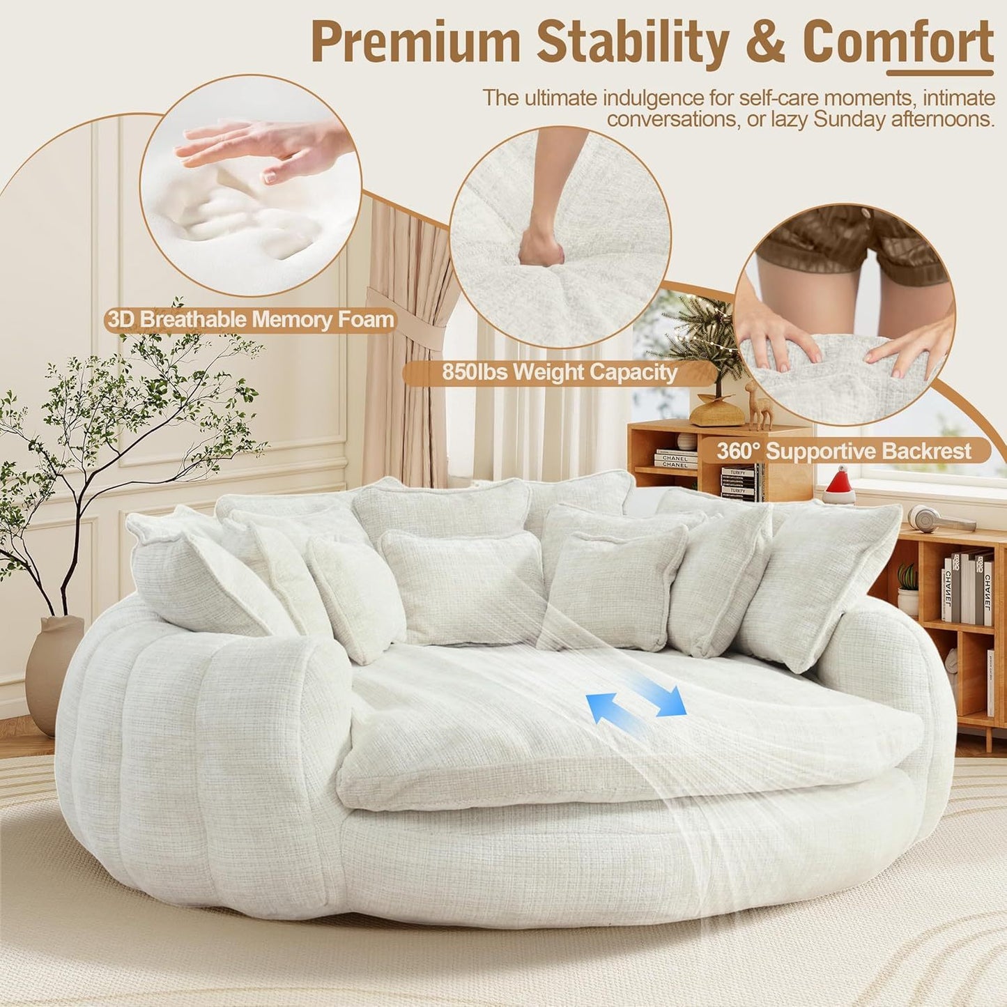 82'' Oversized Upholstered Sofa Bed, Round Chaise Lounge Chair Indoor, Modern Chenille Boneless Couch, No Assembly Required, Plush Sleeper Chair with 14 Pillows for Living Room