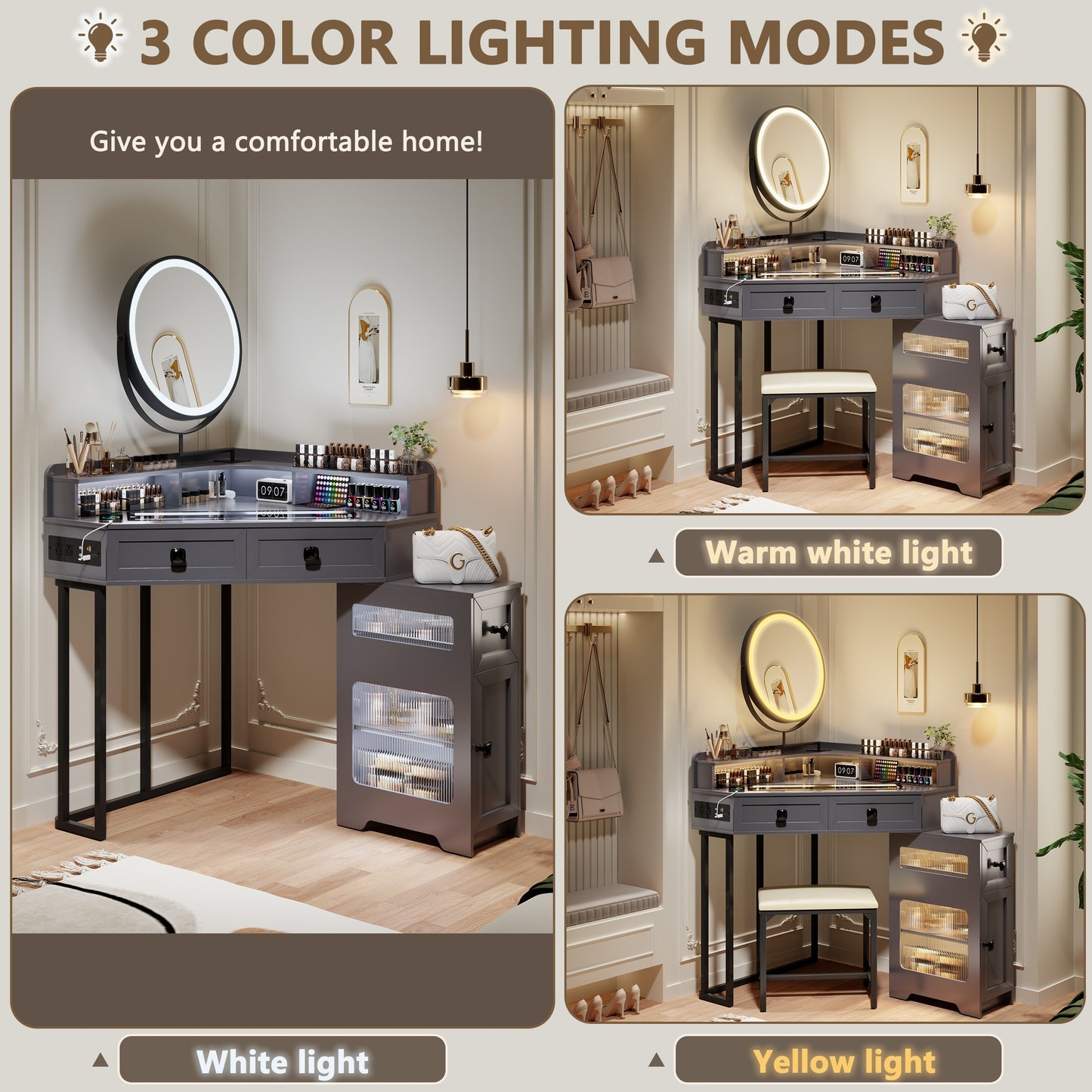 FREDEES Corner Vanity With Mirror And Lights, Modern Makeup Vanity Set With Charging Station For Bedroom\u002FCloakroom, Glass Top Vanity Table With Drawers And Shelves, Grey