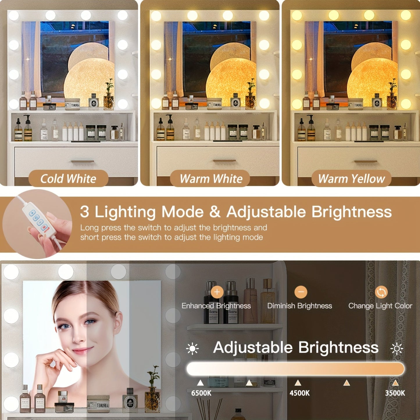 Athwel Makeup Vanity Desk With Mirror & Lights, Vanity Desk With 5 Drawers & Storage Shelves, Vanity Table, 3 Color Modes & Adjustable Brightness Dressing Table, Bedroom, White
