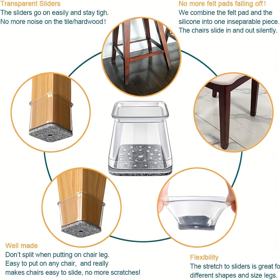 32pcs Square Clear Chair Leg Floor Protection Mat, Furniture Sliders, Hardwood Silicone Chair Leg Covers, Restaurant Bar Stool Leg Protectors, Reduce Noise, Protect The Floor Without Scratches, Medium