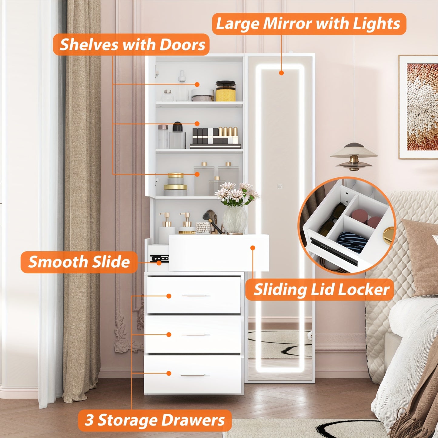 Modern Dressing Table With Drawers And Storage Shelves, Bedroom Makeup Vanity Set With Illuminated Full Body Mirror And Sliding Storage Compartment, Large Storage Space, Fashionable Design, White