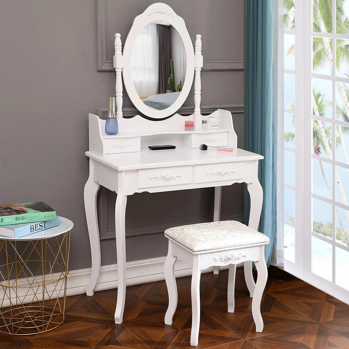 Modern Computer desk with Mirror, Vanity Table Elegance White Dressing Table and Stool Set Wood Makeup Desk with 4 Drawers & Mirror