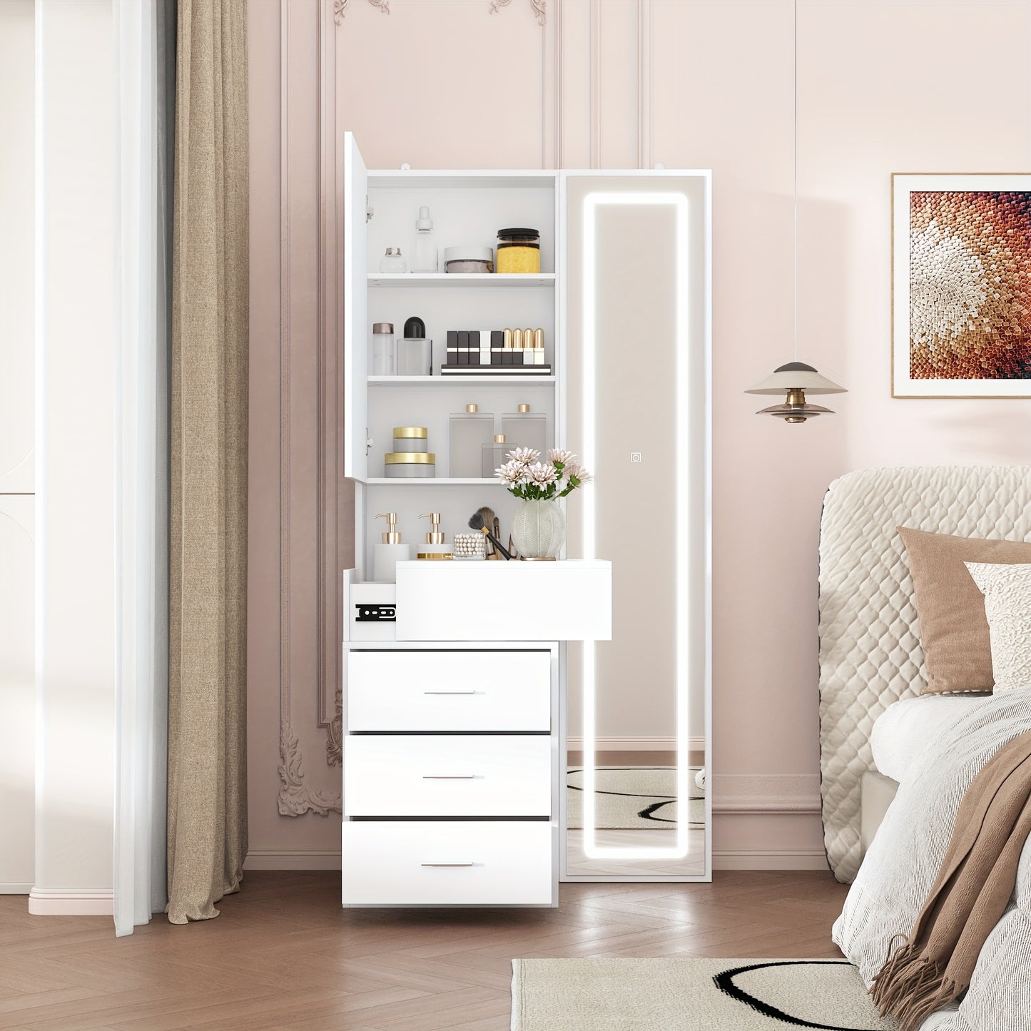 Modern Dressing Table With Drawers And Storage Shelves, Bedroom Makeup Vanity Set With Illuminated Full Body Mirror And Sliding Storage Compartment, Large Storage Space, Fashionable Design, White