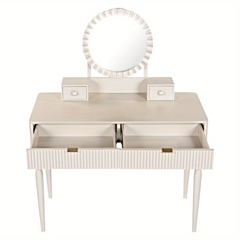 Luxury Vanity Desk with Round Mirror HeightAdjustable Stylish Dring Table Set 4 Drawers and Stool Champagne