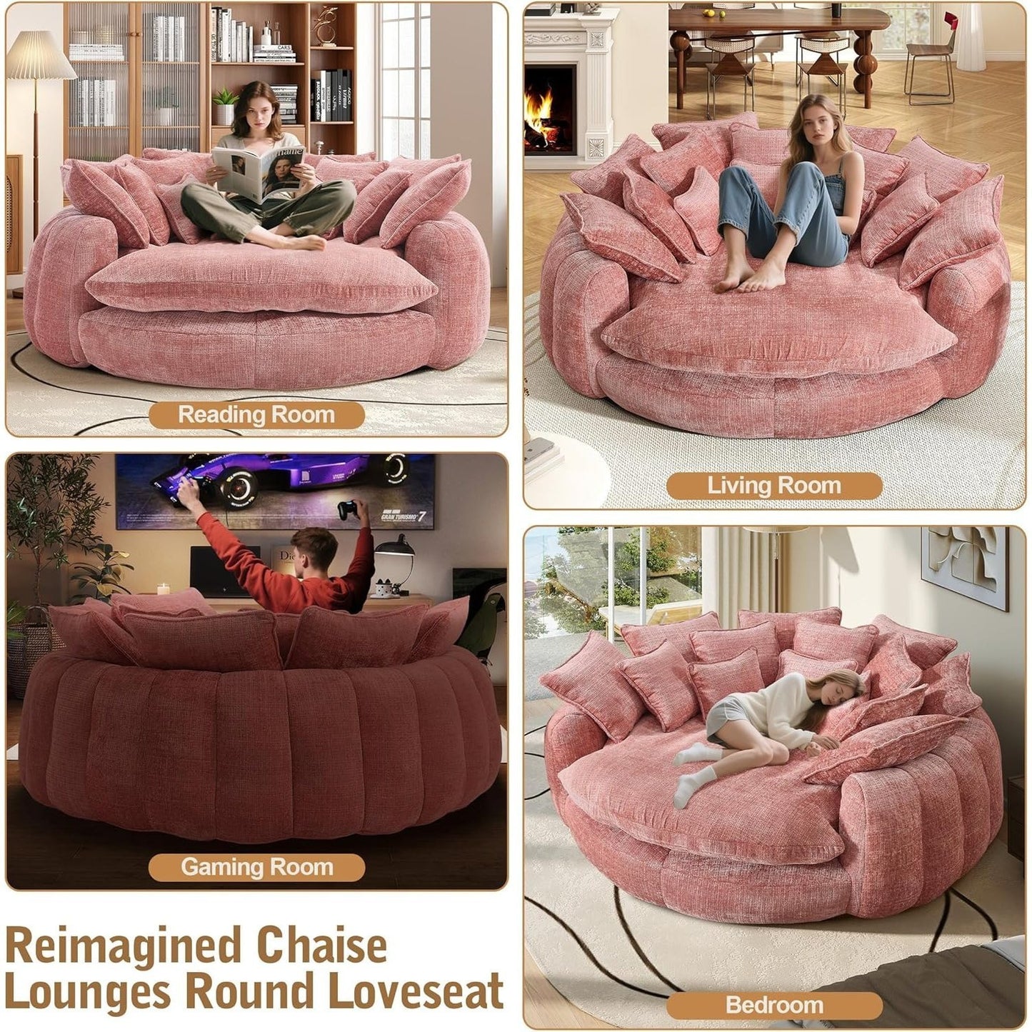82'' Oversized Upholstered Sofa Bed, Round Chaise Lounge Chair Indoor, Modern Chenille Boneless Couch, No Assembly Required, Plush Sleeper Chair with 14 Pillows for Living Room