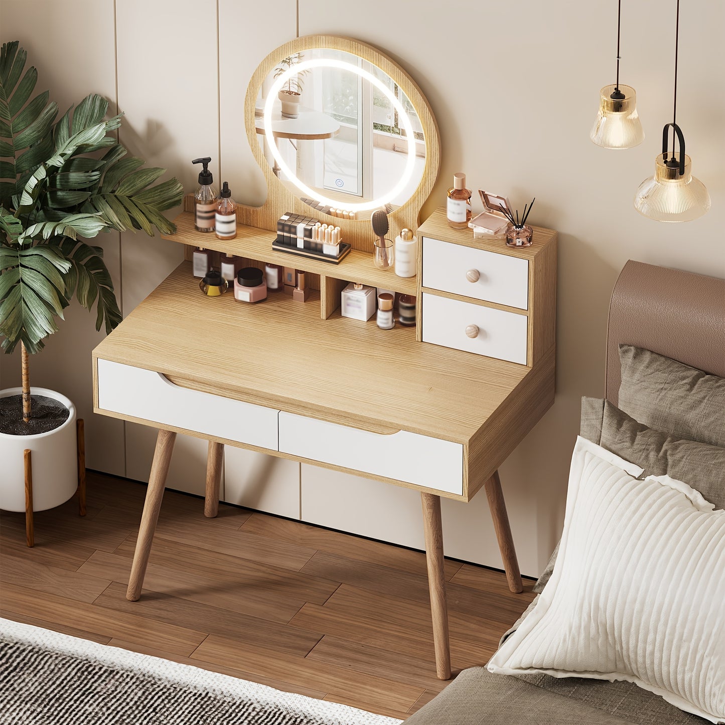 Makeup Vanity Desk With 3 Adjustable Lighted Mirror, Dressing Table Set With 4 Drawers And 3 Open Shelves For Small Space Bedroom