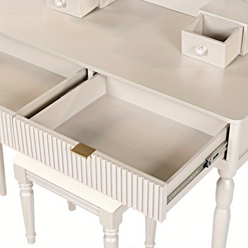 Luxury Vanity Desk with Round Mirror HeightAdjustable Stylish Dring Table Set 4 Drawers and Stool Champagne