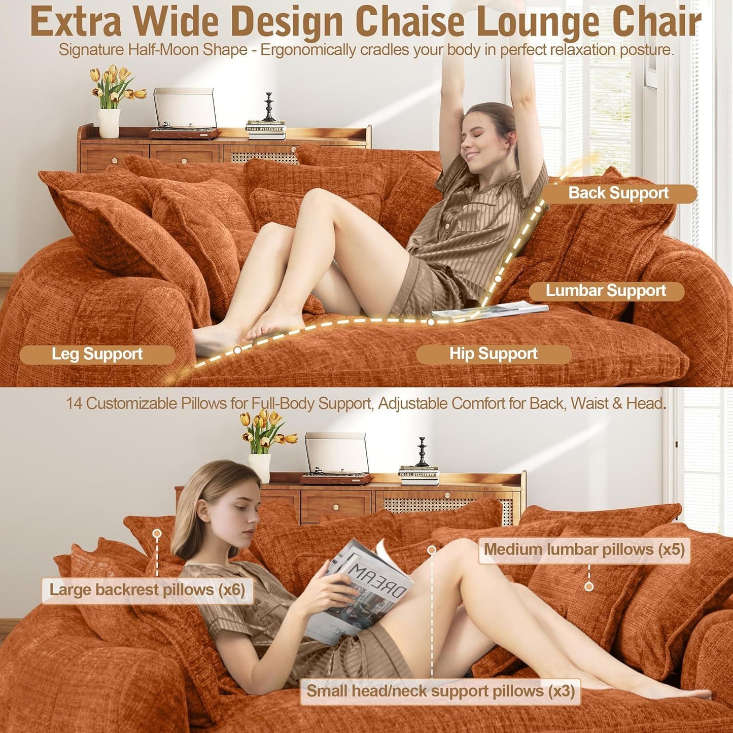 82'' Oversized Upholstered Sofa Bed, Round Chaise Lounge Chair Indoor, Modern Chenille Boneless Couch, No Assembly Required, Plush Sleeper Chair with 14 Pillows for Living Room