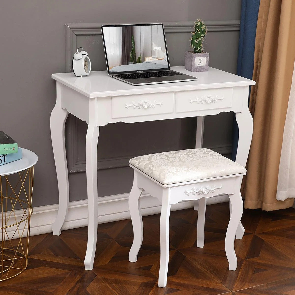 Modern Computer desk with Mirror, Vanity Table Elegance White Dressing Table and Stool Set Wood Makeup Desk with 4 Drawers & Mirror