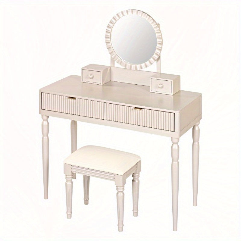 Chic Height-Adjustable Vanity Set with Round Mirror, 4 Spacious Drawers, Champagne Colored Dressing Table with Stool, Perfect for Home, Vanity Area, Beauty Routine