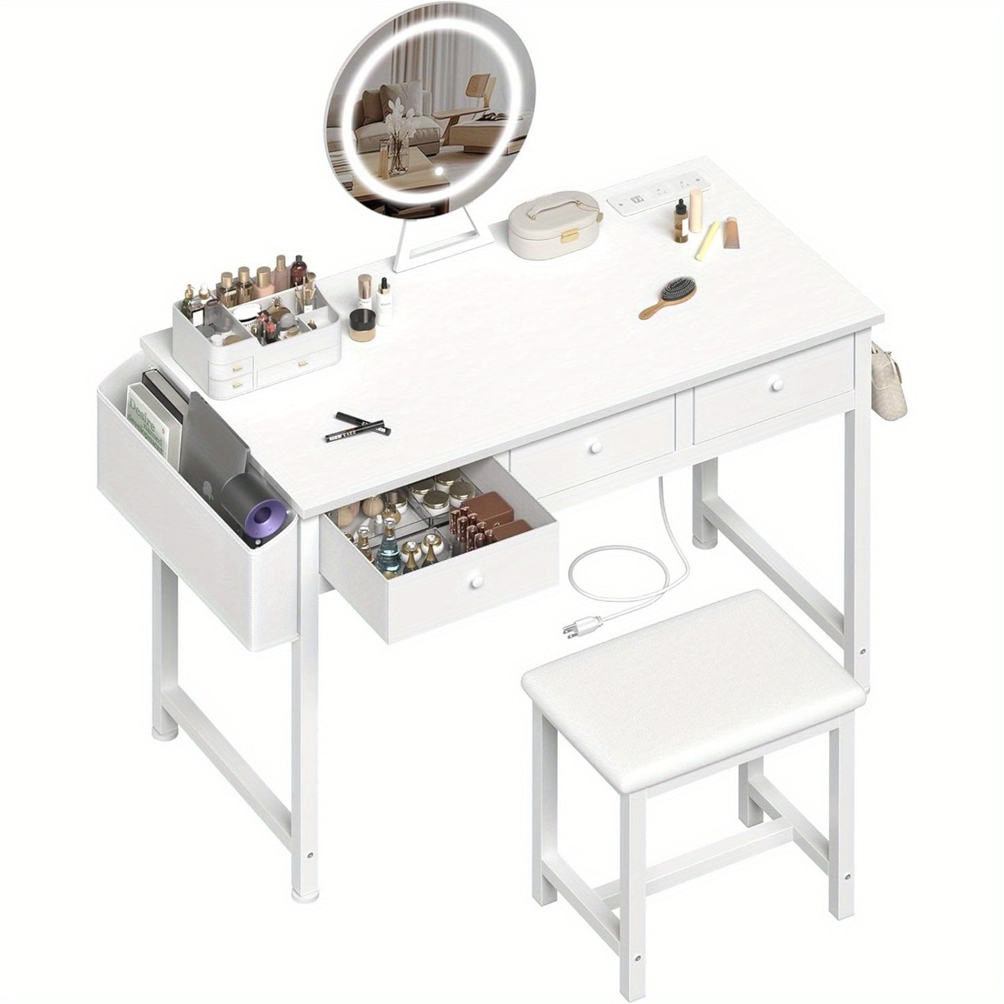 40-inch White Dresser with Chair and Three Fabric Drawers with Outlets with Mirror and Lighting, Touch Screen Lighting, Three Color Lighting Modes, Adjustable Brightness, for Bedroom Dresser, Bathroom Dresser, Upscale Bedroom Dresser