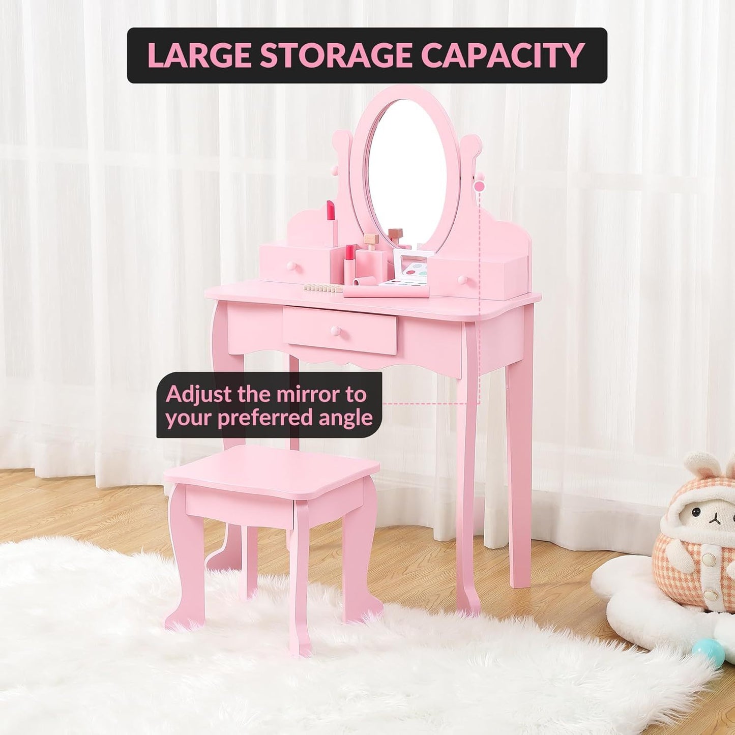 Girls Vanity Set Adjustable Angle Mirror Vanity Set | Pretend Play Girls Vanity Table and Chair Set with Mirror, Stool, and Wood Makeup Playset