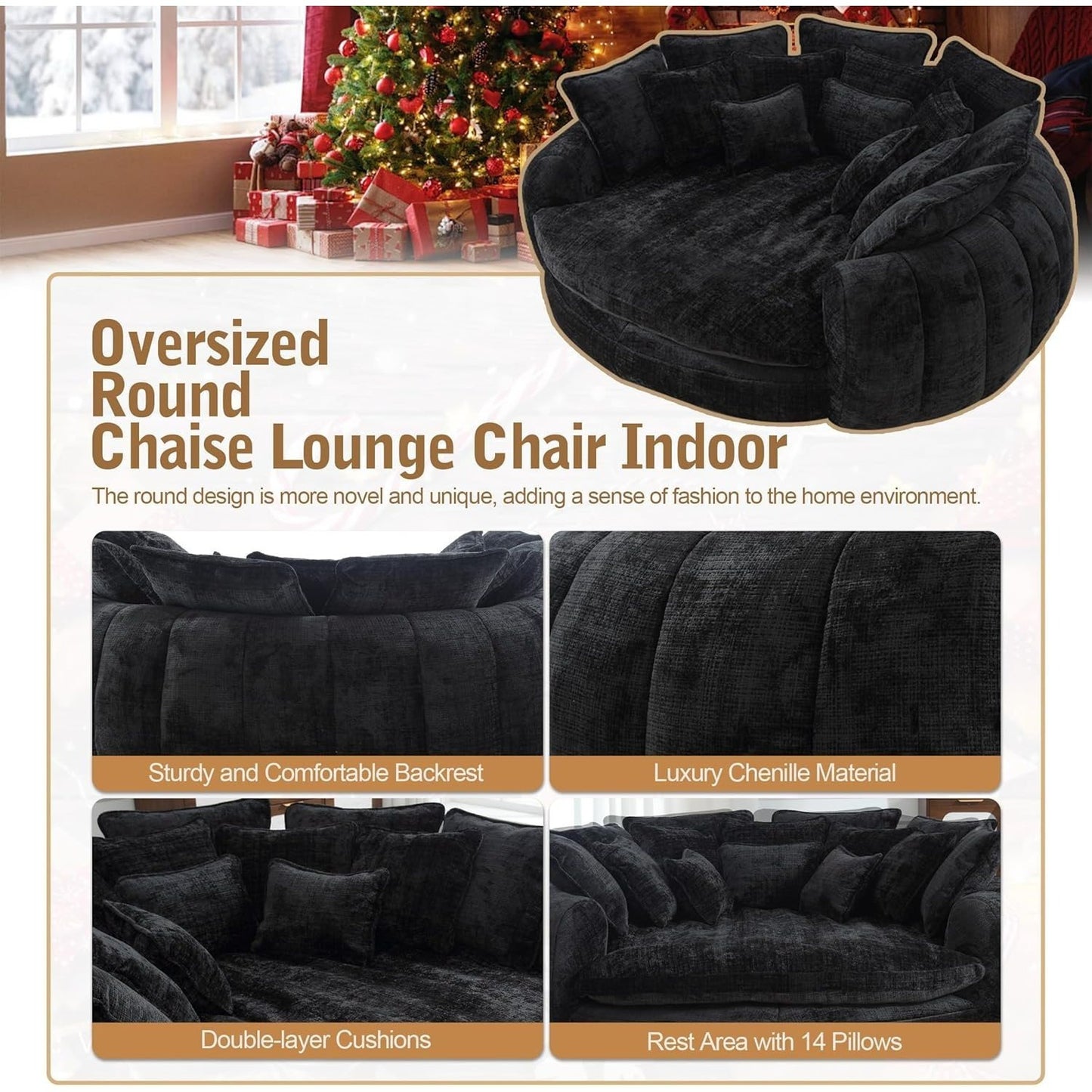 82'' Oversized Upholstered Sofa Bed, Round Chaise Lounge Chair Indoor, Modern Chenille Boneless Couch, No Assembly Required, Plush Sleeper Chair with 14 Pillows for Living Room