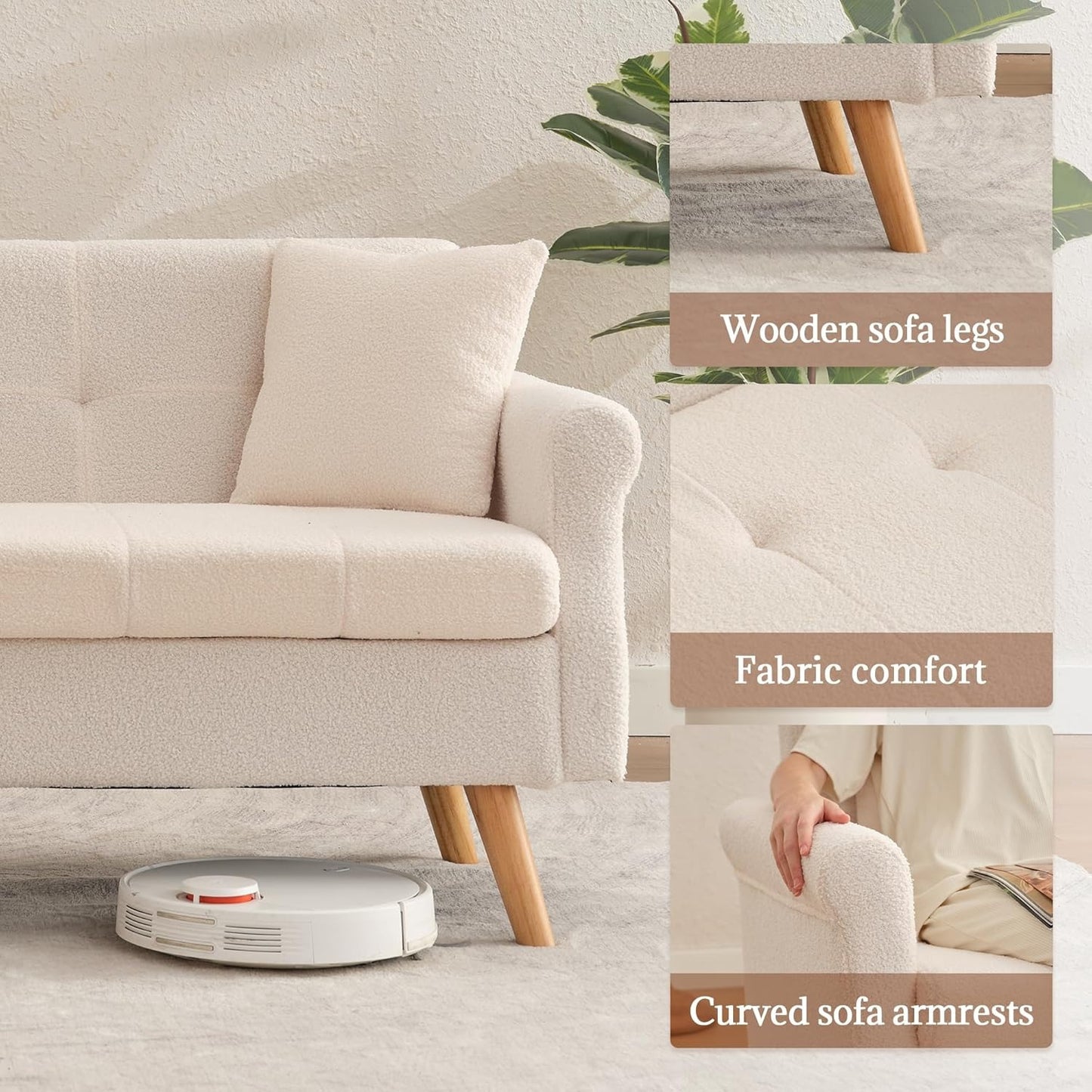 Loveseat Sofa, Boucle Small Sofa For Living Room, Bedroom, Office, Couch For Living Room Button Tufted Upholstered Furniture, Space-Saving, Easy To Install, Chunky Boucle Fabric