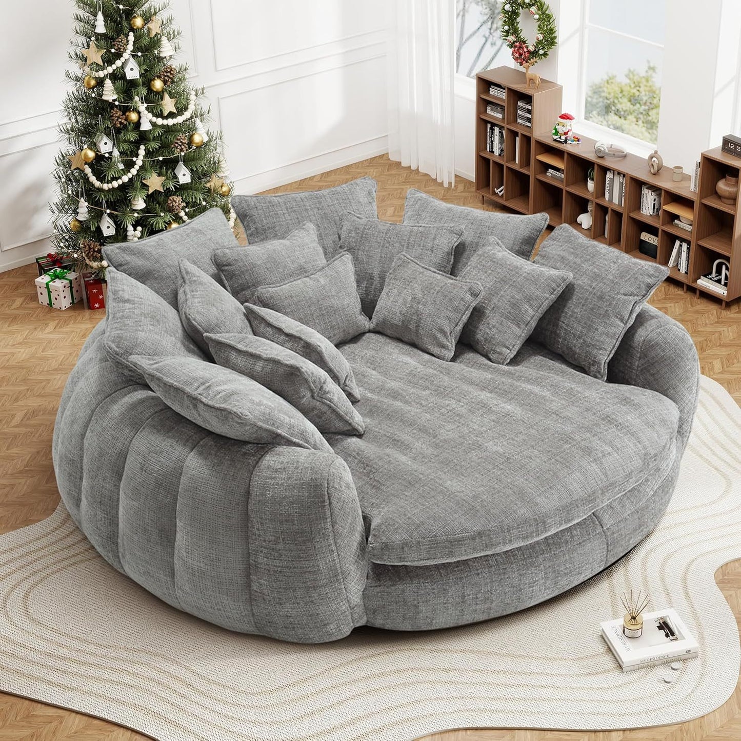 82'' Oversized Upholstered Sofa Bed, Round Chaise Lounge Chair Indoor, Modern Chenille Boneless Couch, No Assembly Required, Plush Sleeper Chair with 14 Pillows for Living Room