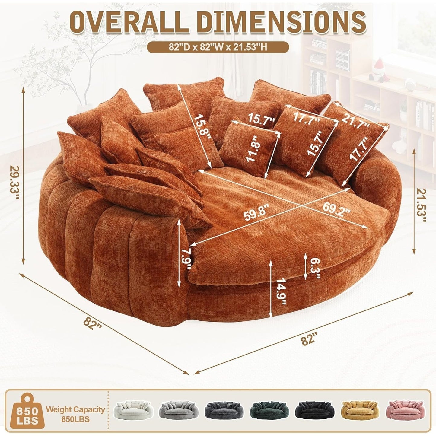 82'' Oversized Upholstered Sofa Bed, Round Chaise Lounge Chair Indoor, Modern Chenille Boneless Couch, No Assembly Required, Plush Sleeper Chair with 14 Pillows for Living Room