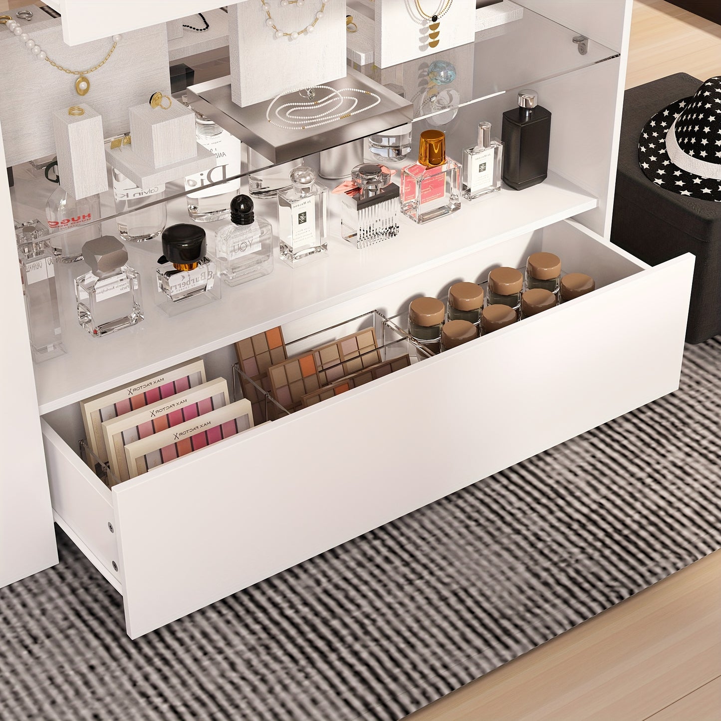 Spacious White Dressing Island with Glass-Top Closet Organizer - Modern Design, Ample Storage, Perfect for Bedroom or Closet Decor, 47.2\