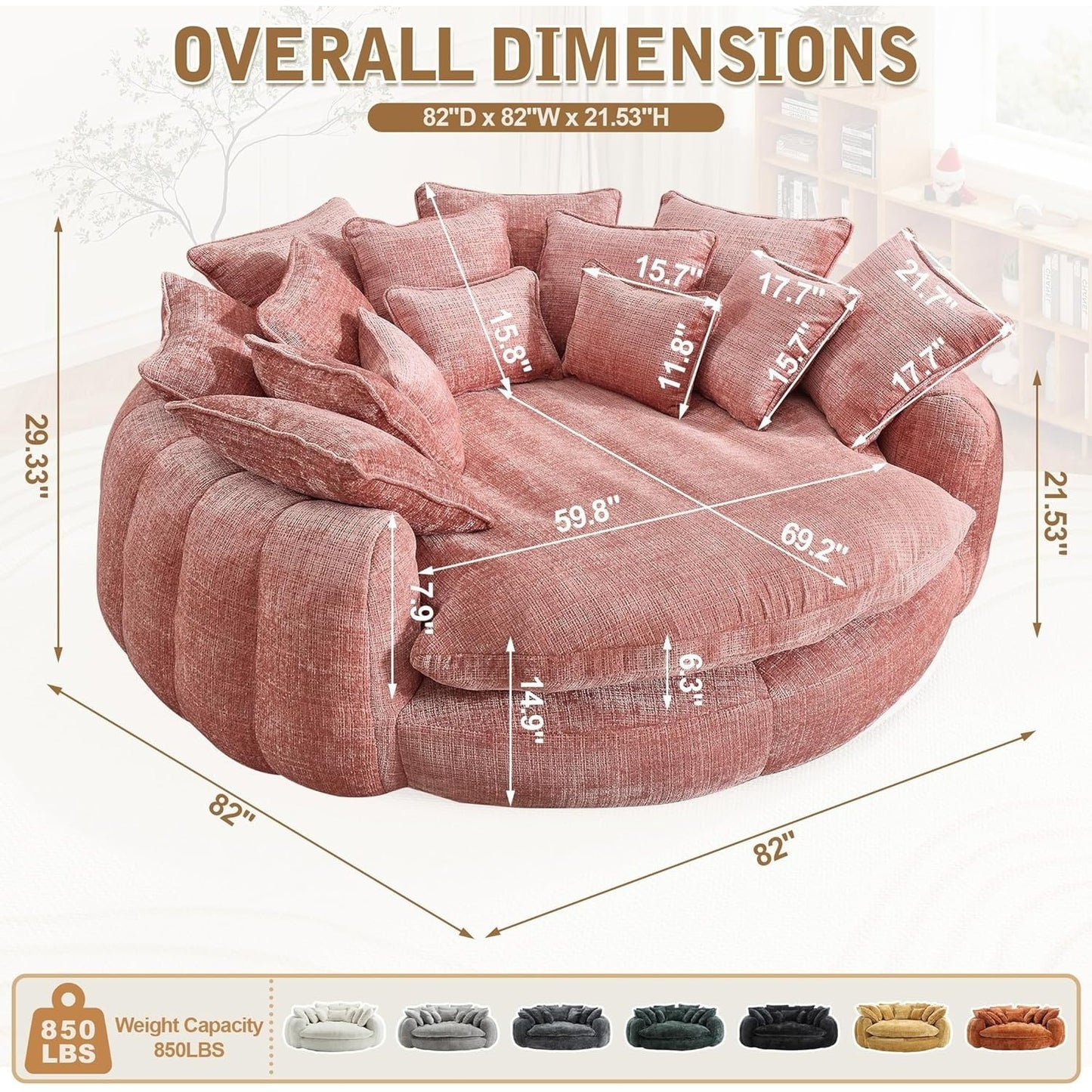 82'' Oversized Upholstered Sofa Bed, Round Chaise Lounge Chair Indoor, Modern Chenille Boneless Couch, No Assembly Required, Plush Sleeper Chair with 14 Pillows for Living Room