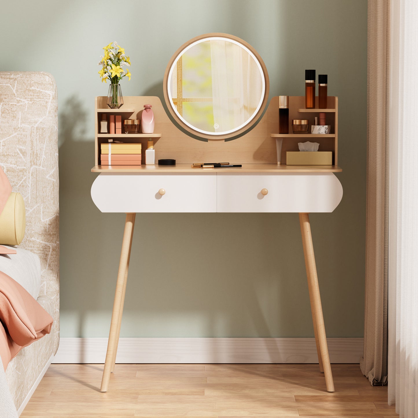 1 x Nordic style storage desk with mirror, 2 drawers, open storage rack, spacious tabletop