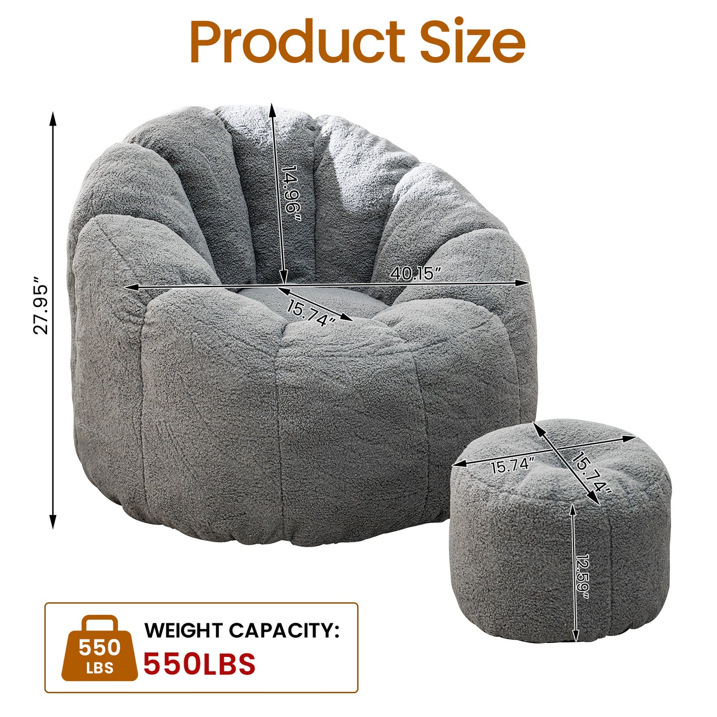 Bean Bag Chair, Faux Fur Bean Bag Chairs with Filler, Comfy Cozy Bean Bag Chair with Low Back Support and Petal Armrest, Fluffy Bean Bag Chair with Structure Petal for Small Space, Bedroom, Living Room
