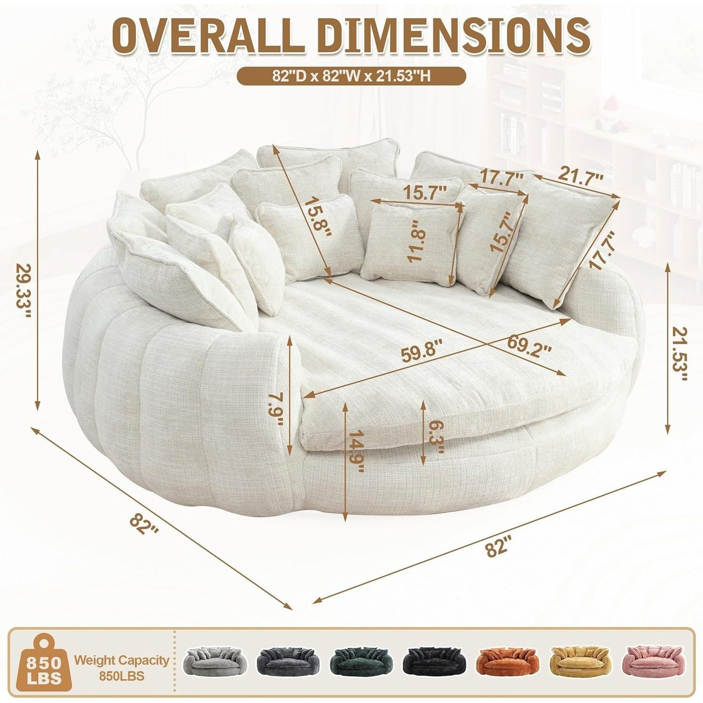 82'' Oversized Upholstered Sofa Bed, Round Chaise Lounge Chair Indoor, Modern Chenille Boneless Couch, No Assembly Required, Plush Sleeper Chair with 14 Pillows for Living Room