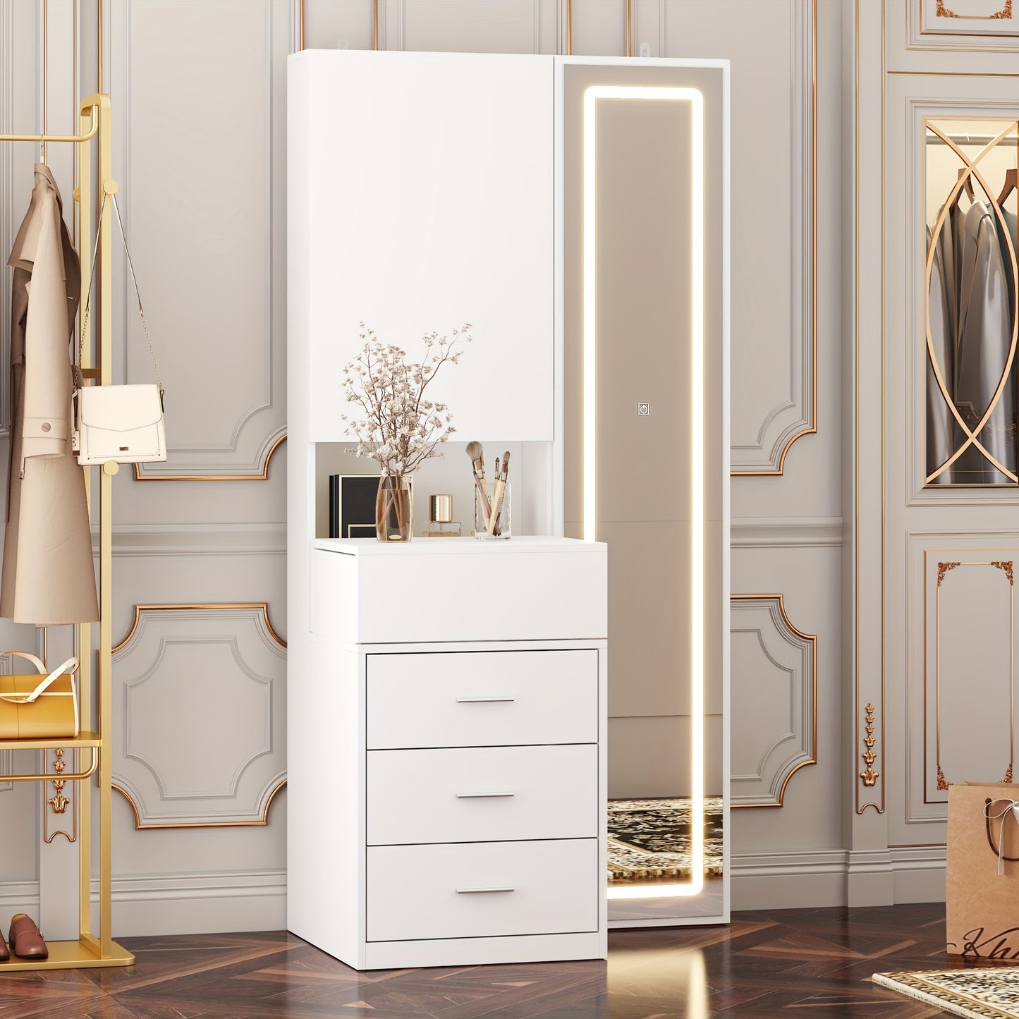 Modern Dressing Table With Drawers And Storage Shelves, Bedroom Makeup Vanity Set With Illuminated Full Body Mirror And Sliding Storage Compartment, Large Storage Space, Fashionable Design, White