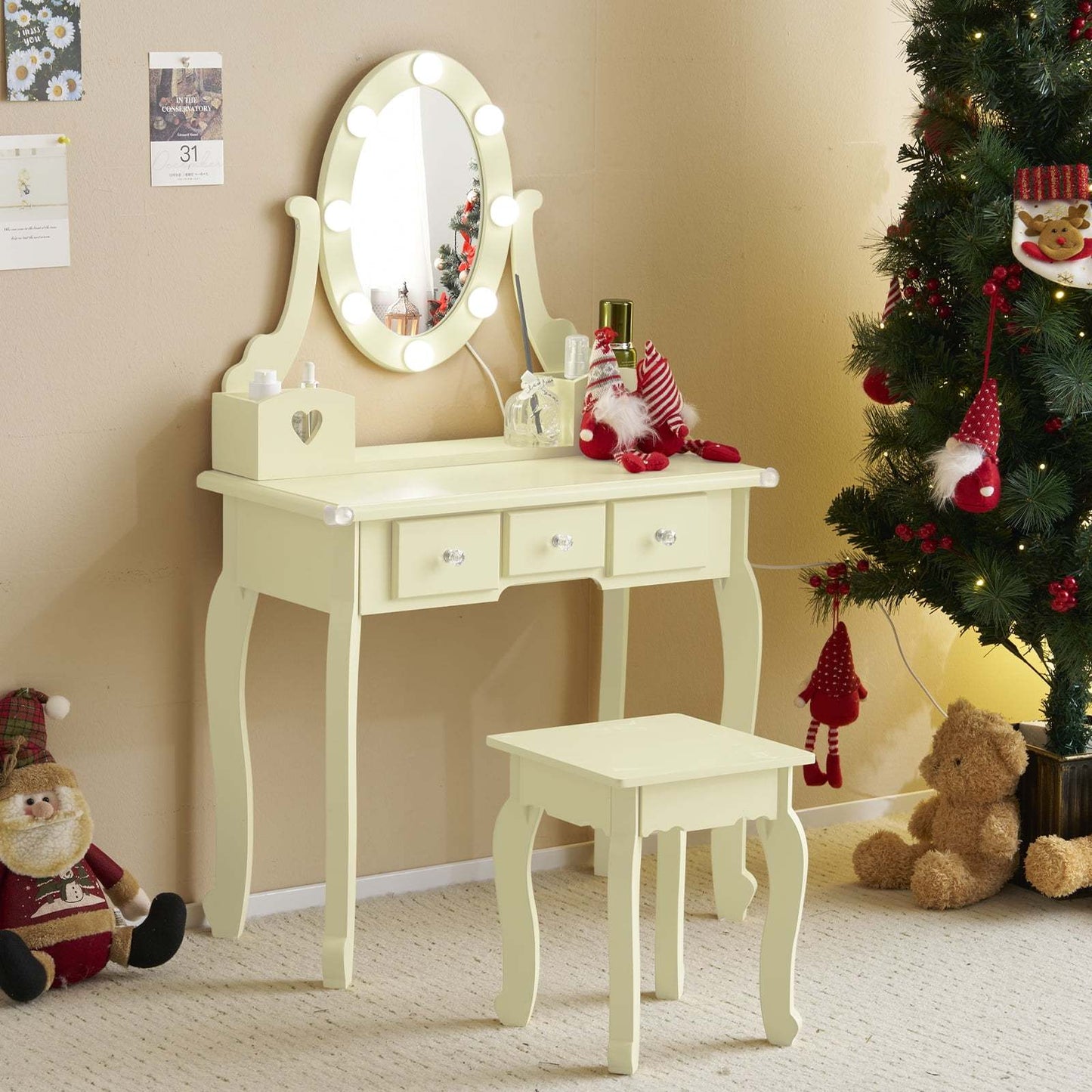 European Style Dressing Table 3 Drawers Dressing Table Set - European Style Density Board with Spray Paint, 2 Storage Tubes - Suitable for Bedroom Living Room Studio