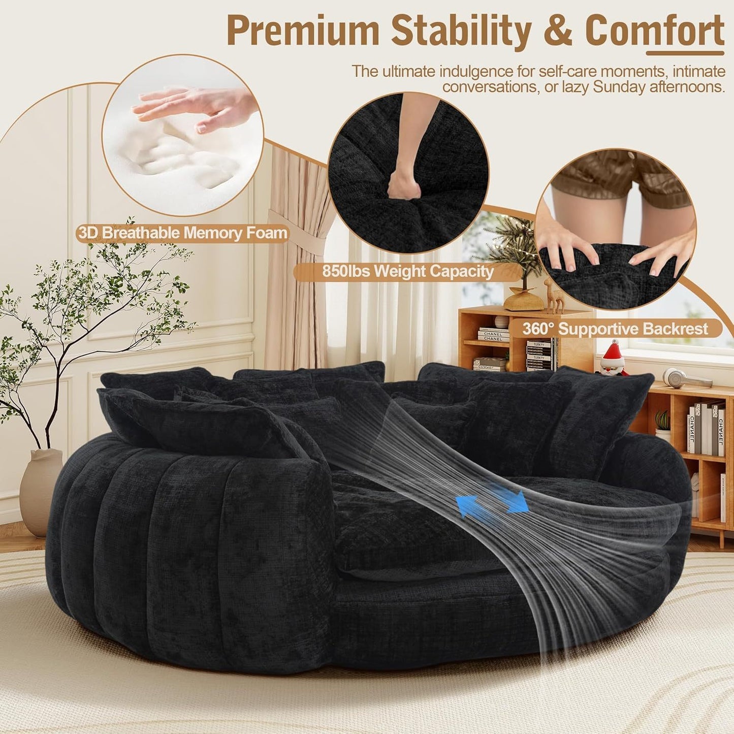 82'' Oversized Upholstered Sofa Bed, Round Chaise Lounge Chair Indoor, Modern Chenille Boneless Couch, No Assembly Required, Plush Sleeper Chair with 14 Pillows for Living Room