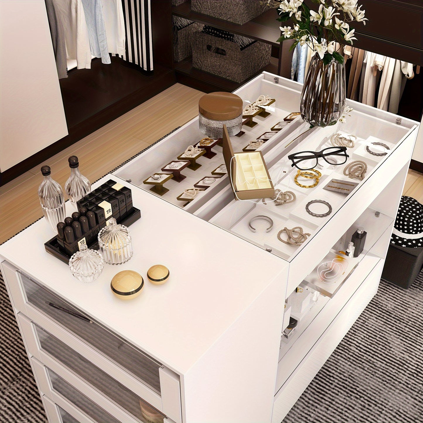 Spacious White Dressing Island with Glass-Top Closet Organizer - Modern Design, Ample Storage, Perfect for Bedroom or Closet Decor, 47.2\